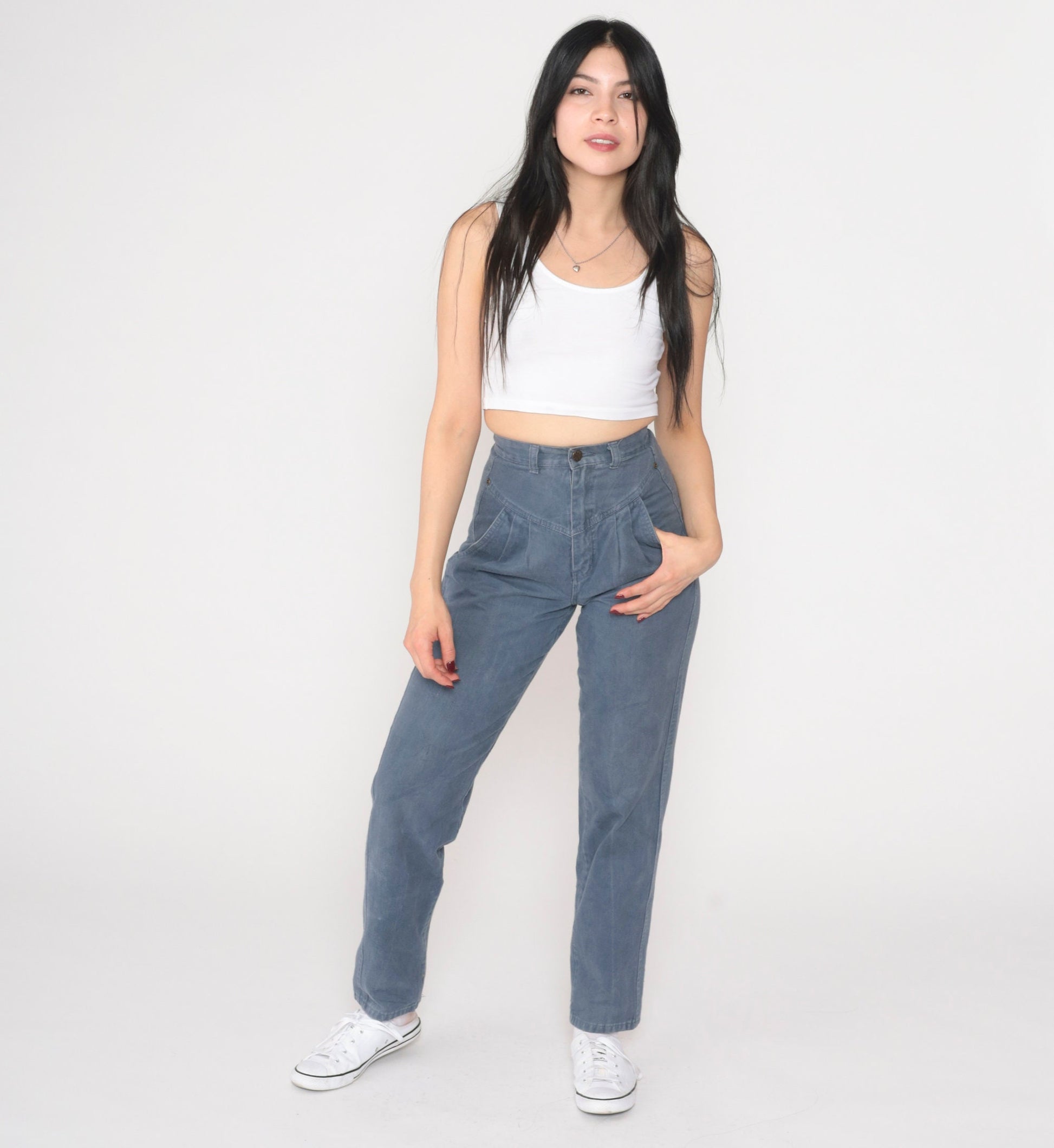 90s Grey Blue Pleated High Waist Straight Tapered Trousers Extra Small