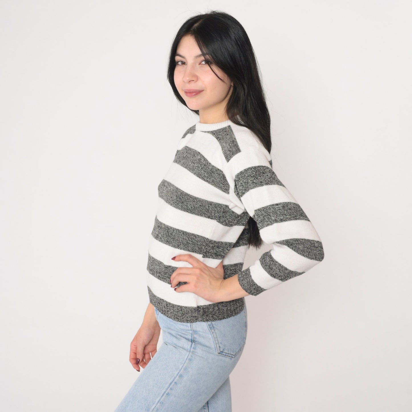 90s Jonathan Cass Striped Knit Sweater White Black Crewneck Small