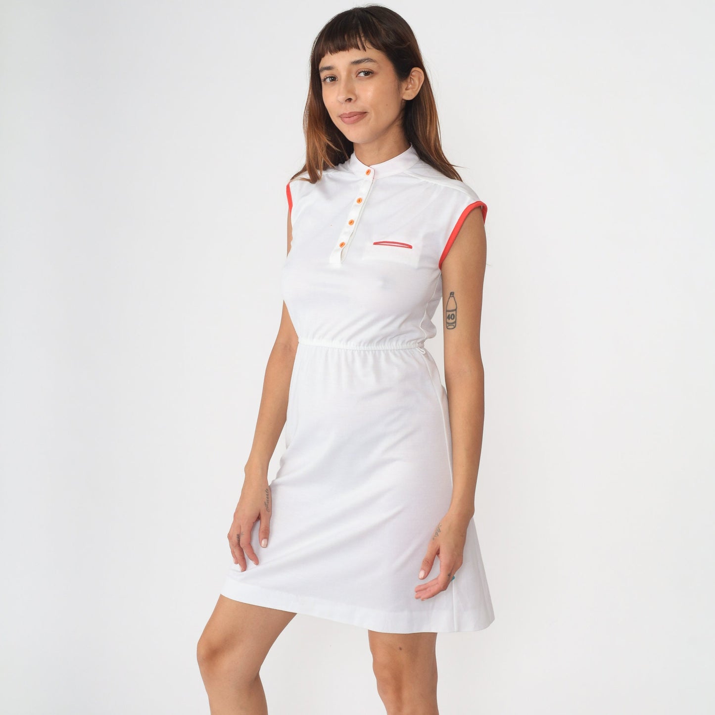 70s White Mini Dress Cap Sleeve Button Front Orange Ringer Trim Small