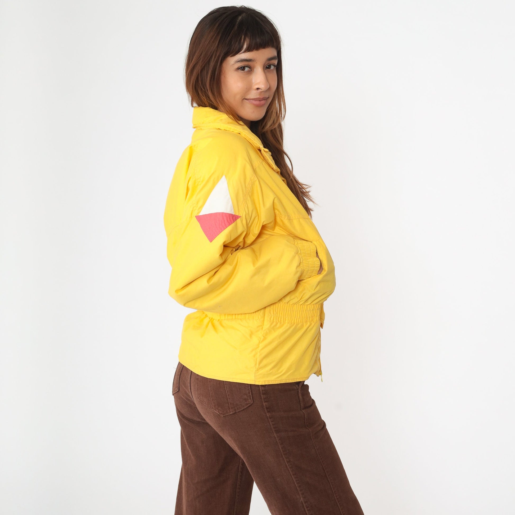 80s Roffe Yellow Puffer Ski Jacket Geometric Triangle Sleeves Large