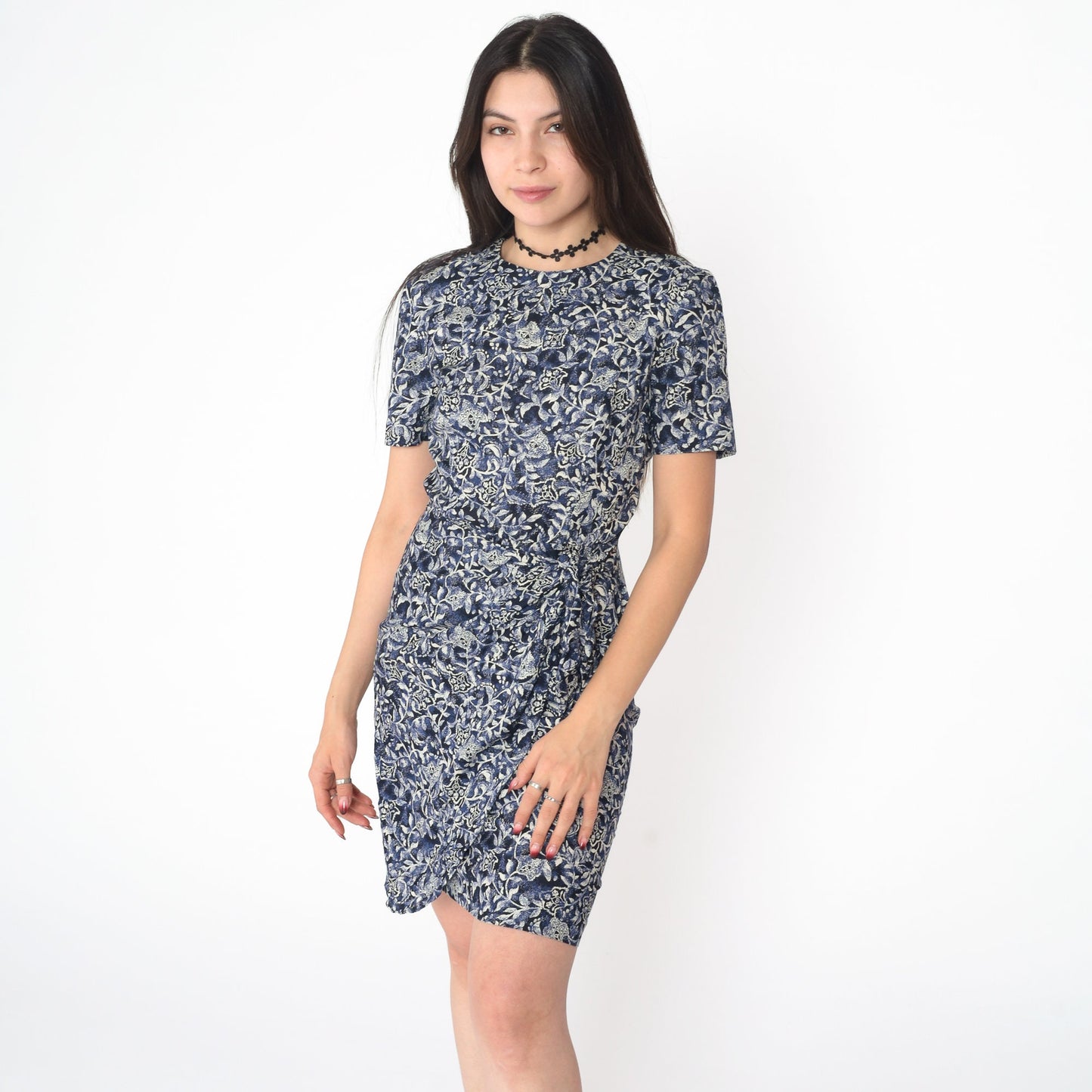 90s Floral Rayon Mini Dress Blue Wrap Tie Skirt Short Sleeve Small 4
