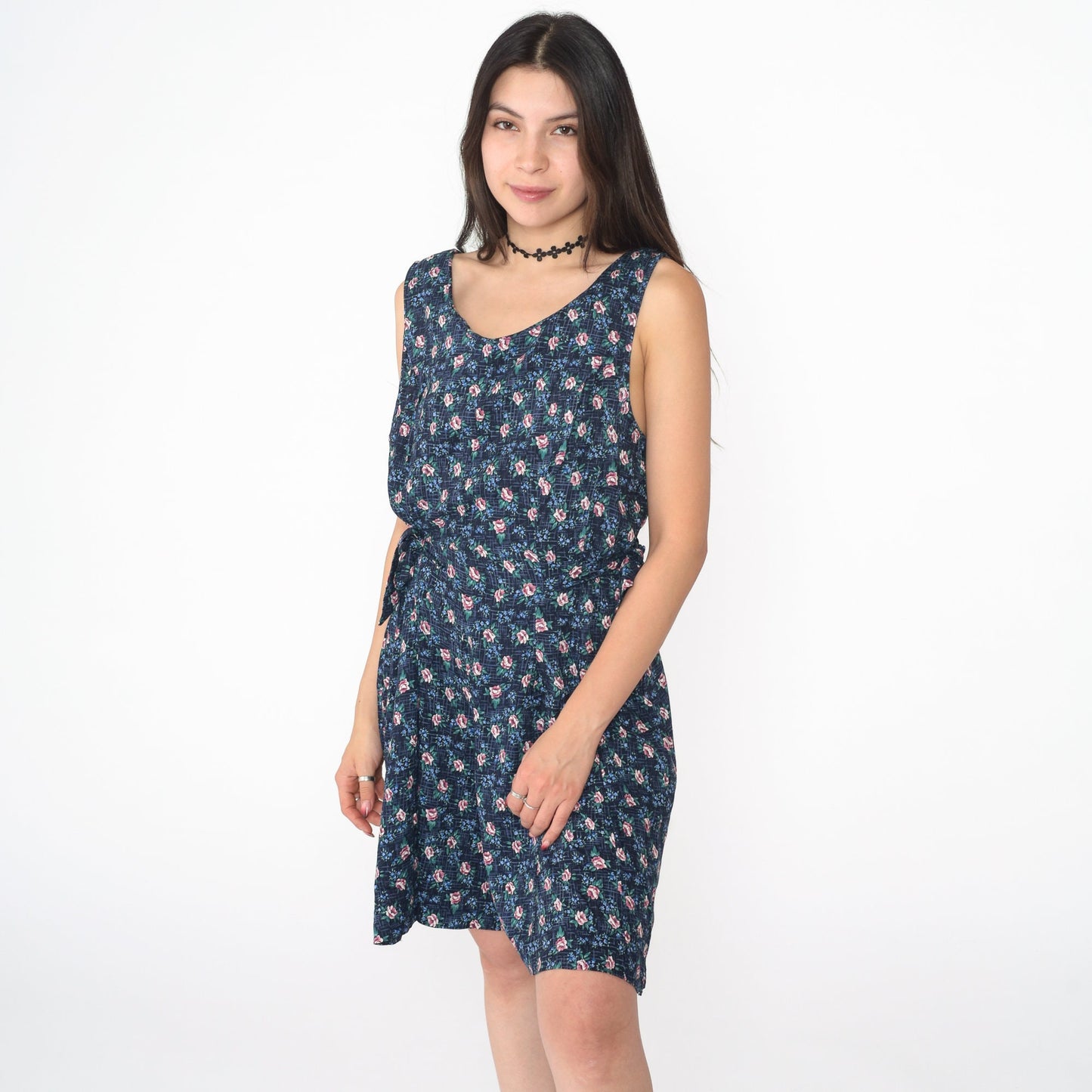 90s Navy Floral Rayon Mini Dress Sleeveless Side Tie Scoop Neck Large 12