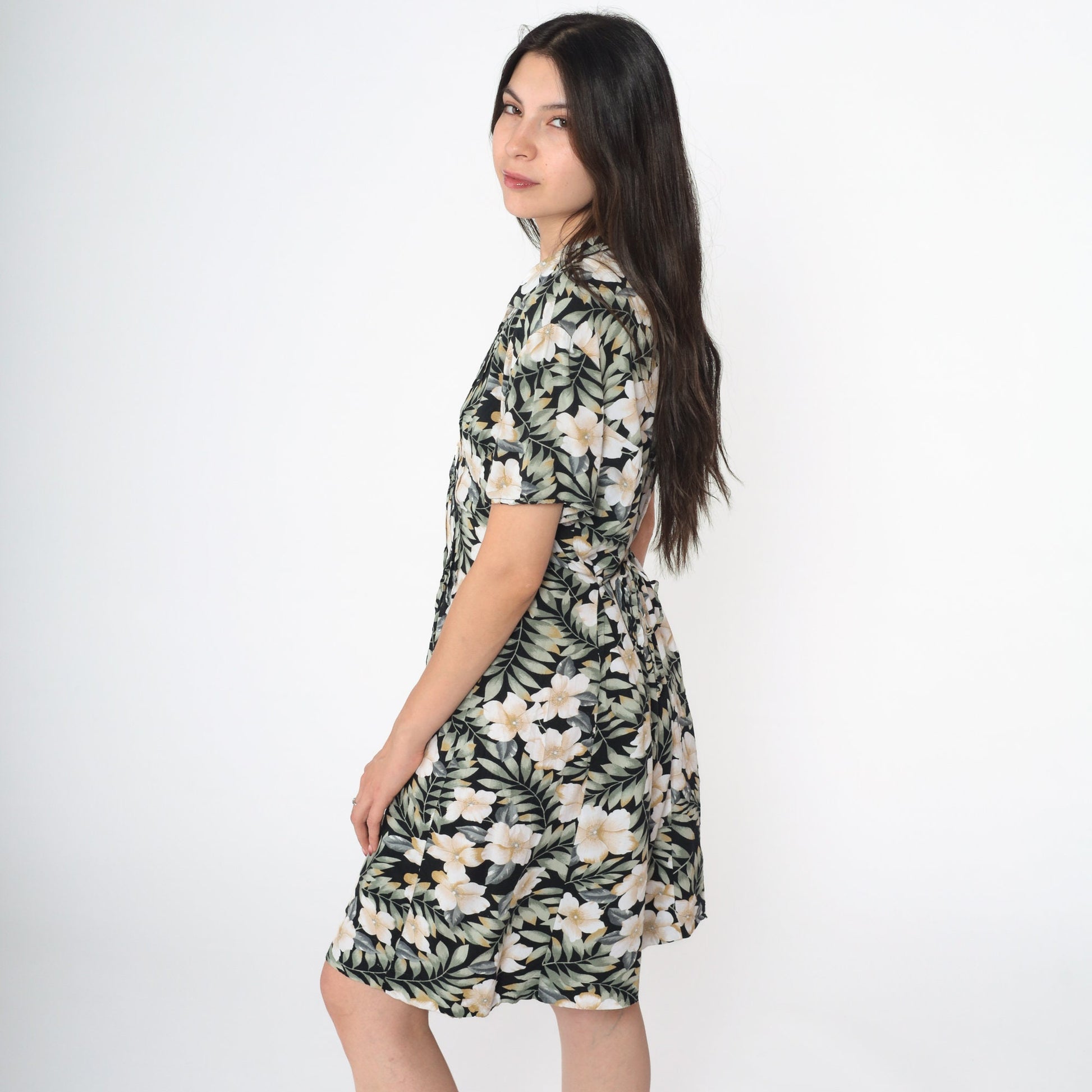 90s Tropical Floral Romper Black Green Wide Leg Playsuit Zip Front Medium