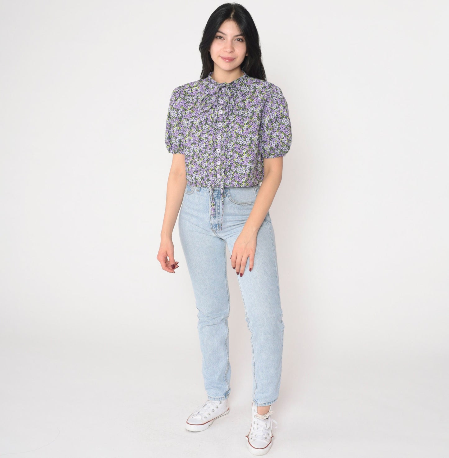 90s Purple Floral Crop Top Puff Sleeve Button-Up Blouse Tie Neck Small