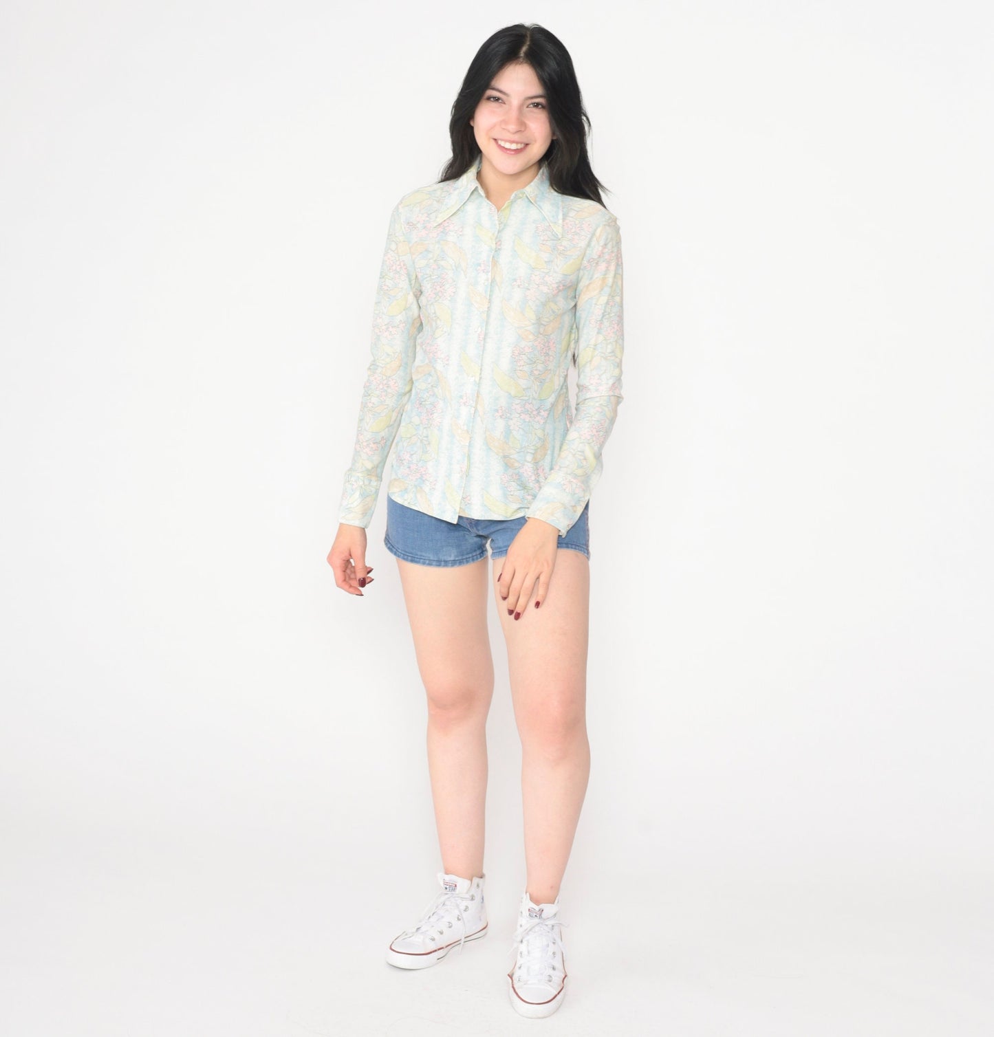 70s Floral Print Dagger Collar Blouse Long Sleeve Button Up Blue White Small