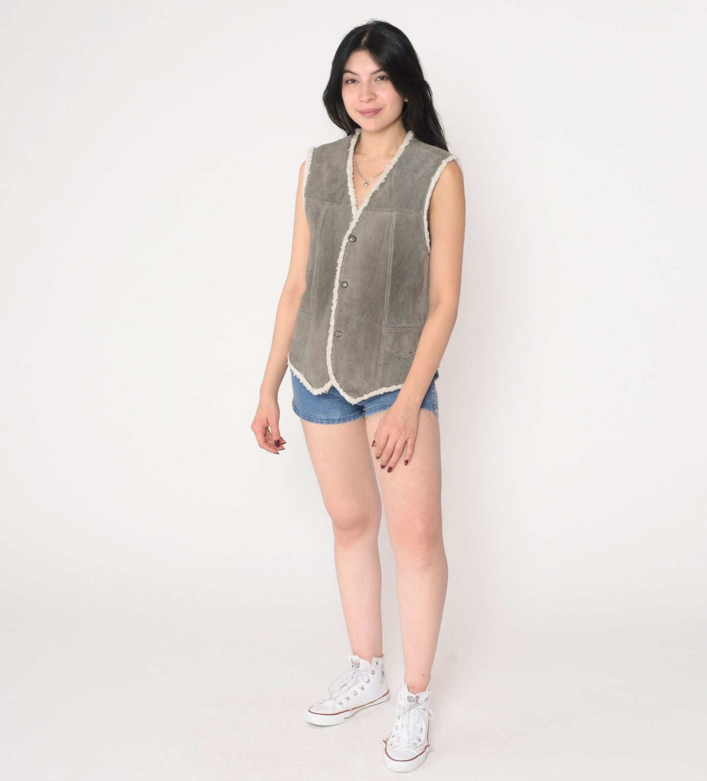 80s Grey Suede Vest Faux Shearling Lined Snap Front Sleeveless Medium