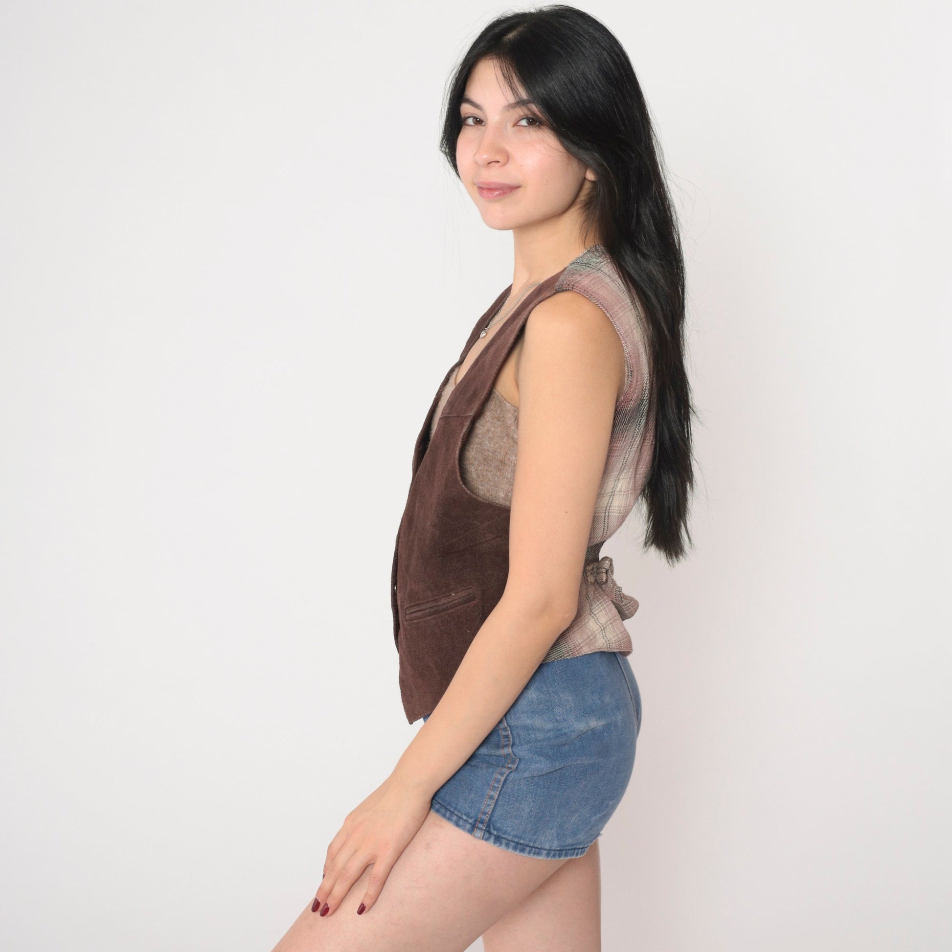 90s Brown Suede Leather Vest Plaid Back Snap Front Medium M