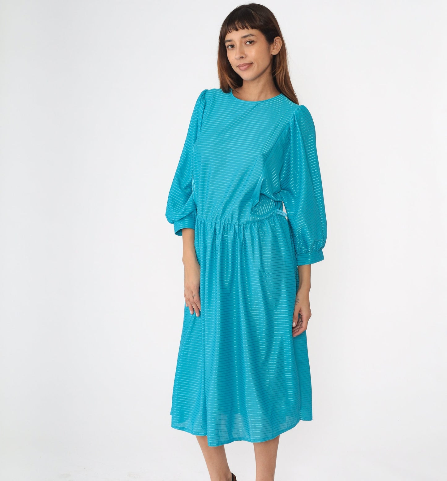 80s Turquoise Striped Midi Dress Dolman Sleeve High Waist Large