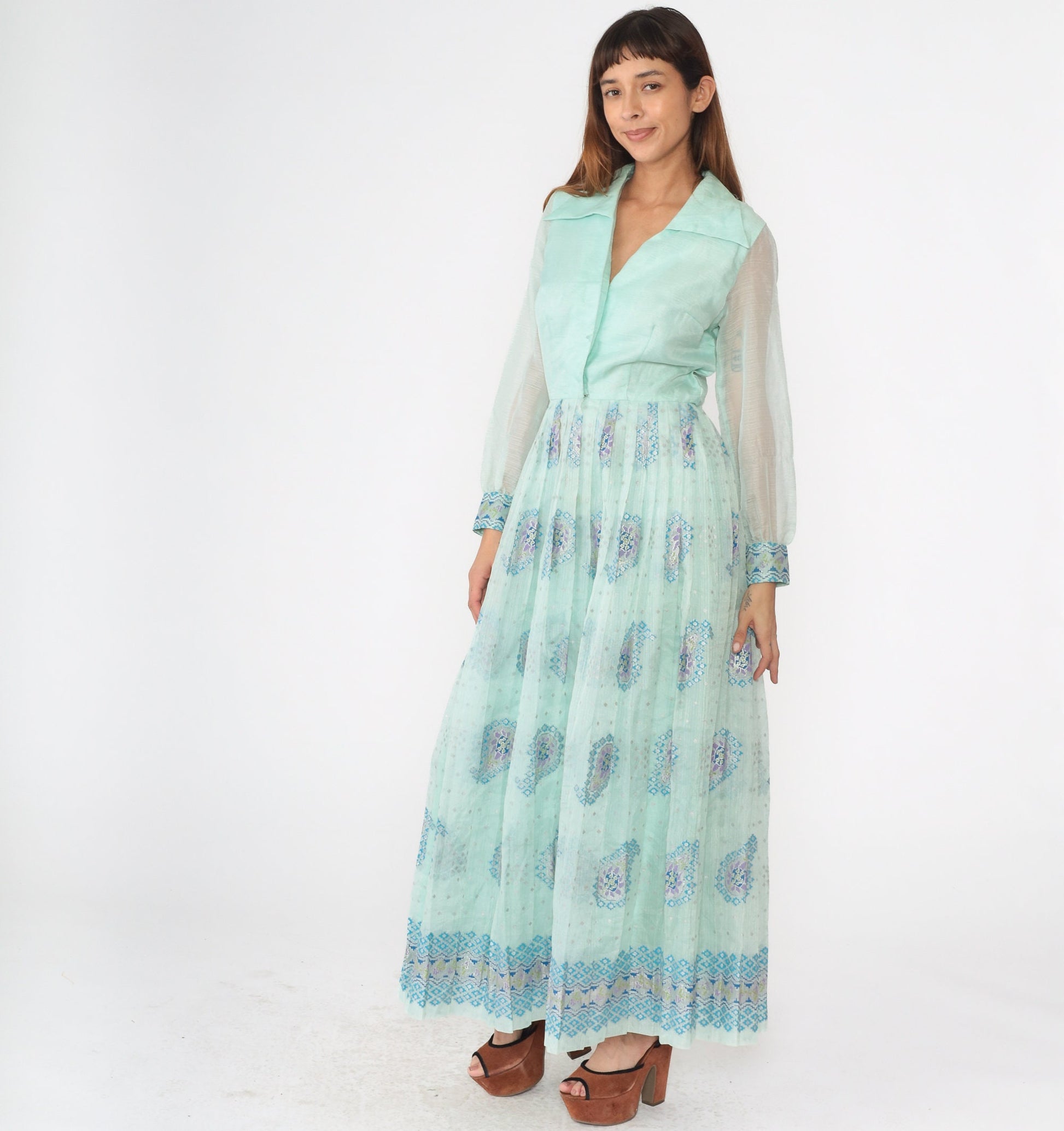 70s Alfred Shaheen Mint Paisley Maxi Dress V-Neck Sheer Sleeve Medium