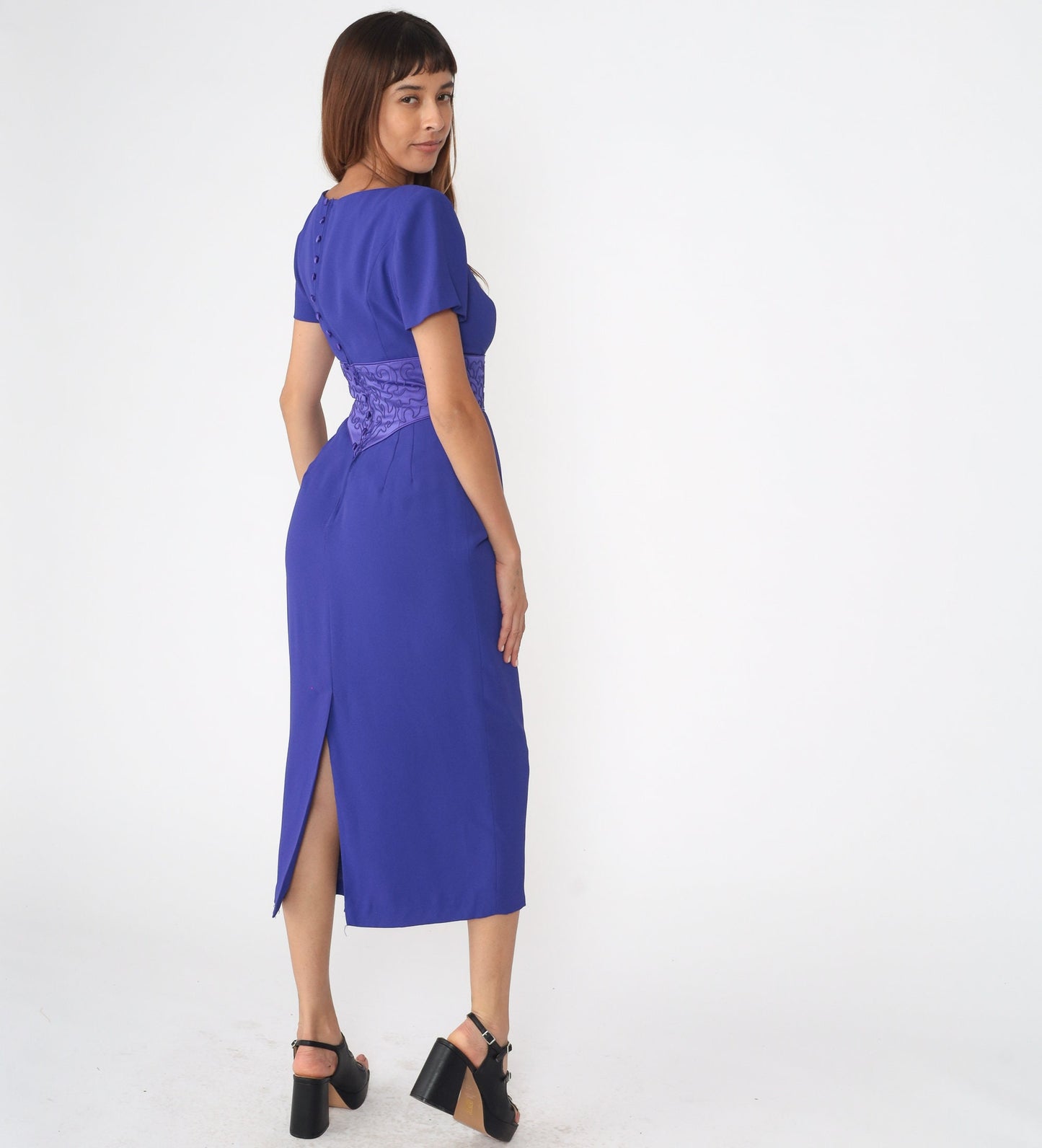 90s Donna Morgan Purple Soutache Midi Sheath Dress Pleated Pencil Small 4