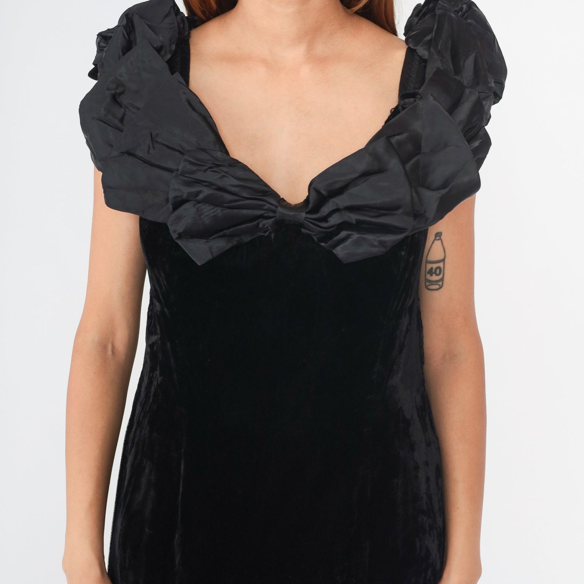 90s Black Velvet Maxi Dress Bow High Slit Sleeveless Evening Gown Large