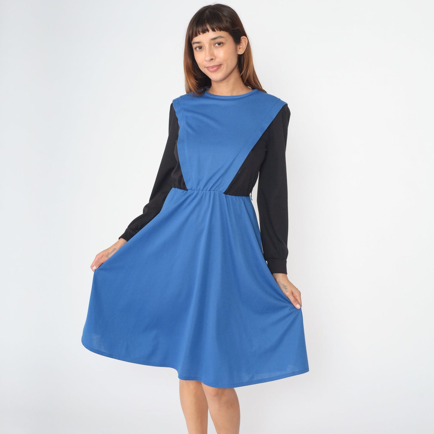 80s Color Block Midi Dress Black Blue High Waist Long Sleeve Small