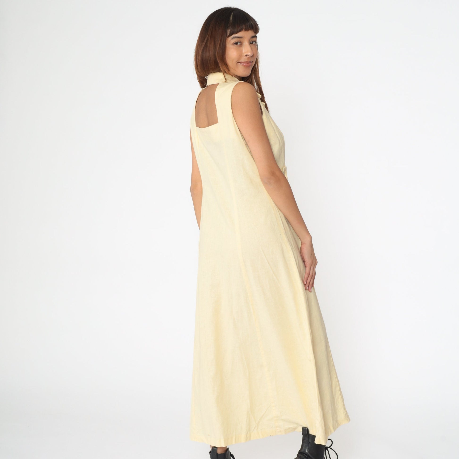 90s Pale Yellow Linen Midi Dress Keyhole Back Button-Up Sleeveless Large