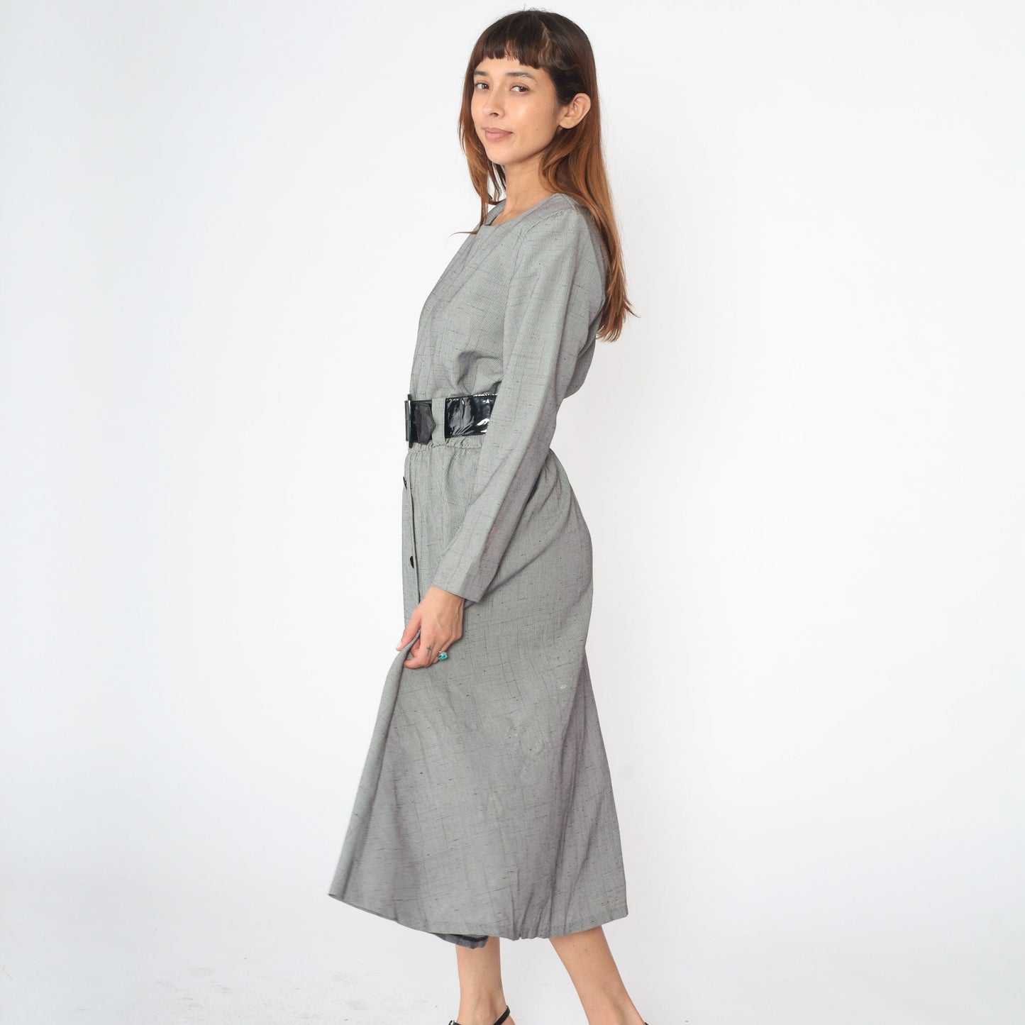90s Black White Checkered Midi Dress High Waist Long Sleeve Button Front Large