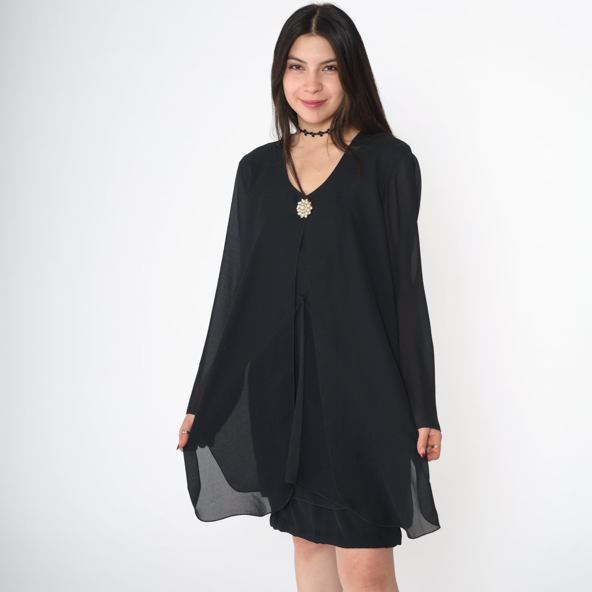90s Black Chiffon Mini Shift Dress Long Sleeve Pearl Brooch Medium