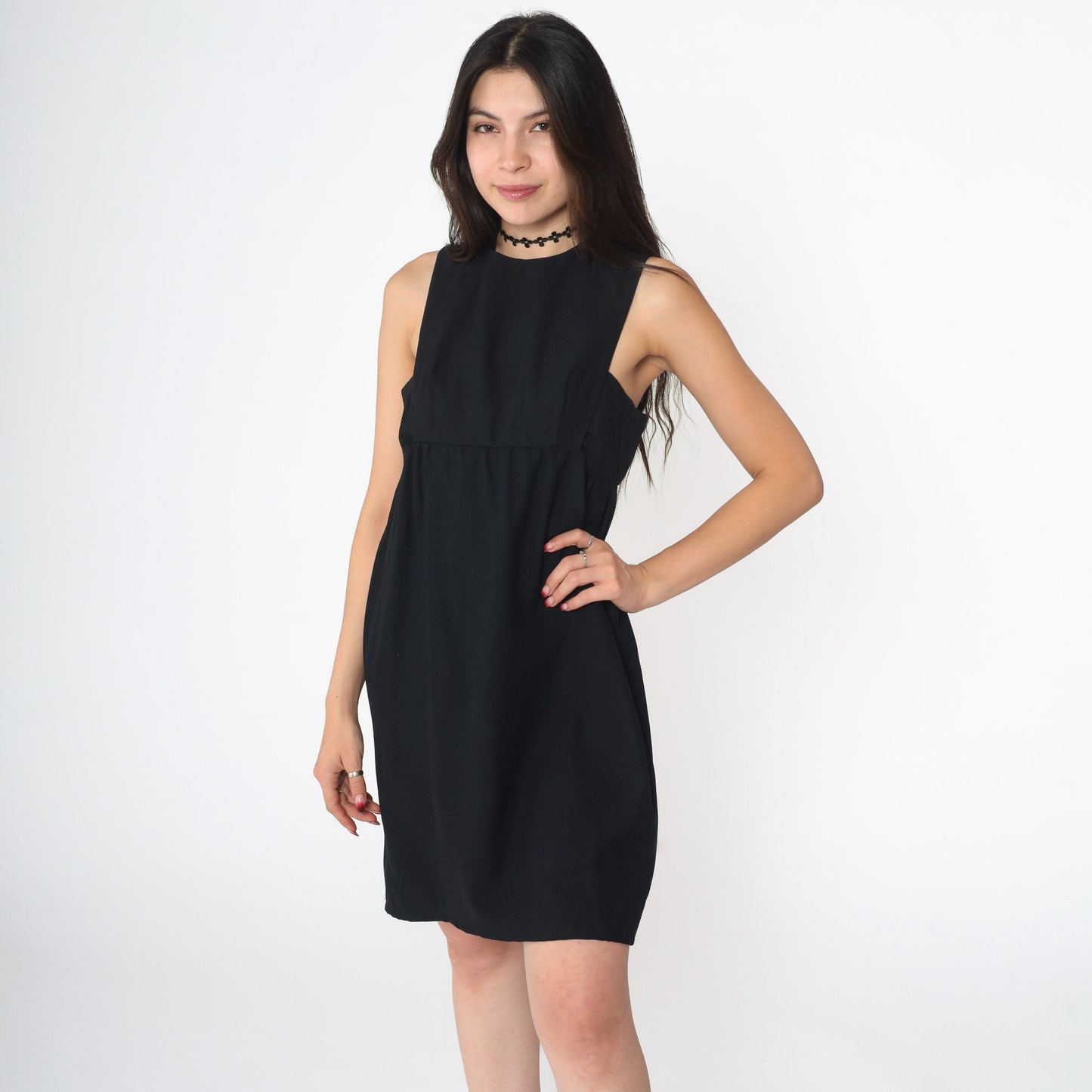 60s Black Mini Shift Dress Keyhole Back Empire Waist Sleeveless Small