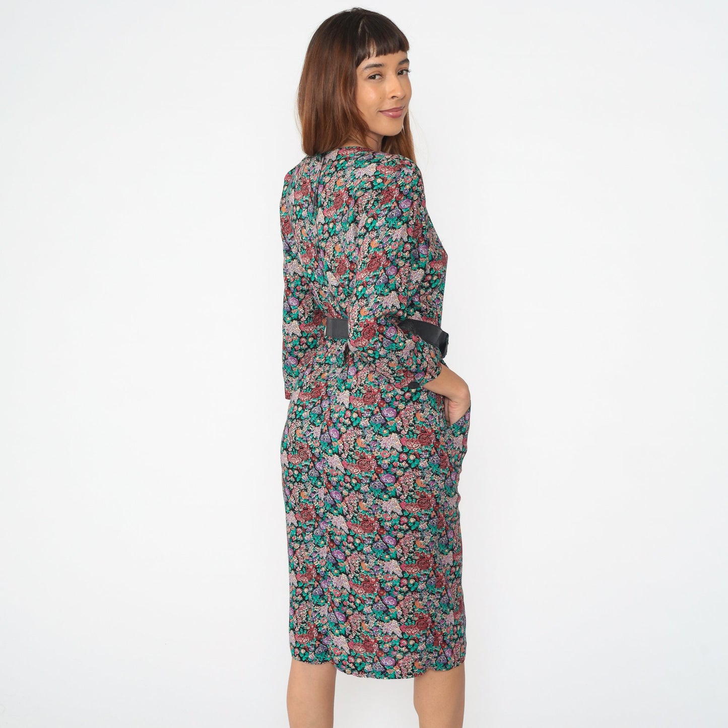 80s Katie Petites Floral Midi Dress Long Sleeve Button Back Black Belt Small