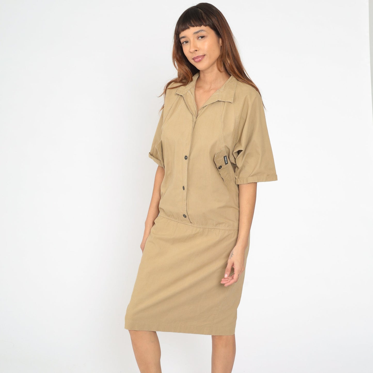 80s Khaki Cargo Shirt Dress Button-Up Raglan Midi Sheath Medium