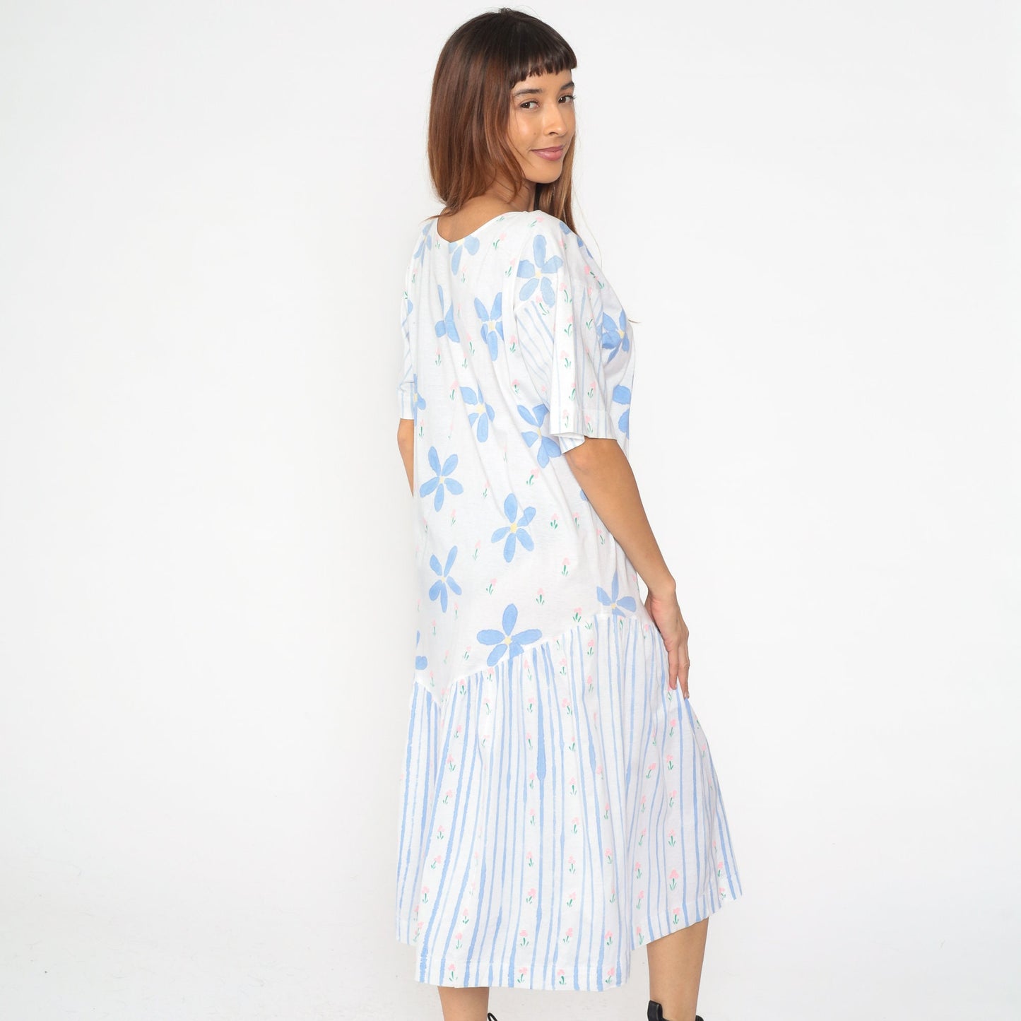 90s Periwinkle Floral Striped Midi Dress Shift Waist Short Sleeve Medium Large
