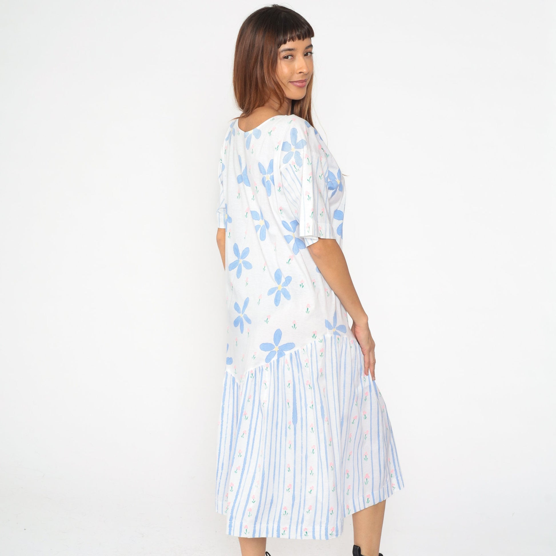 90s Periwinkle Floral Striped Midi Dress Shift Waist Short Sleeve Medium Large