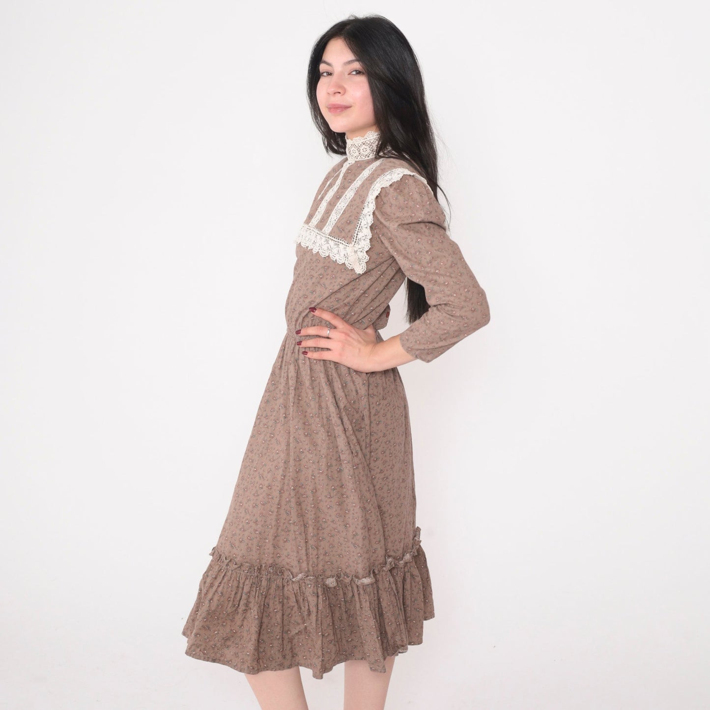 70s Jessica McClintock Floral Prairie Midi Dress Cocoa Brown Lace Bib Extra Small