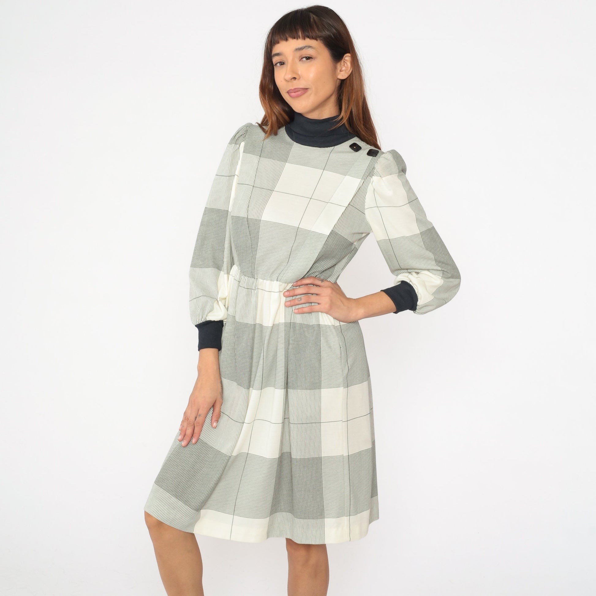 80s Cream Black Checkered Midi Dress Puff Sleeve Turtleneck Small Petite