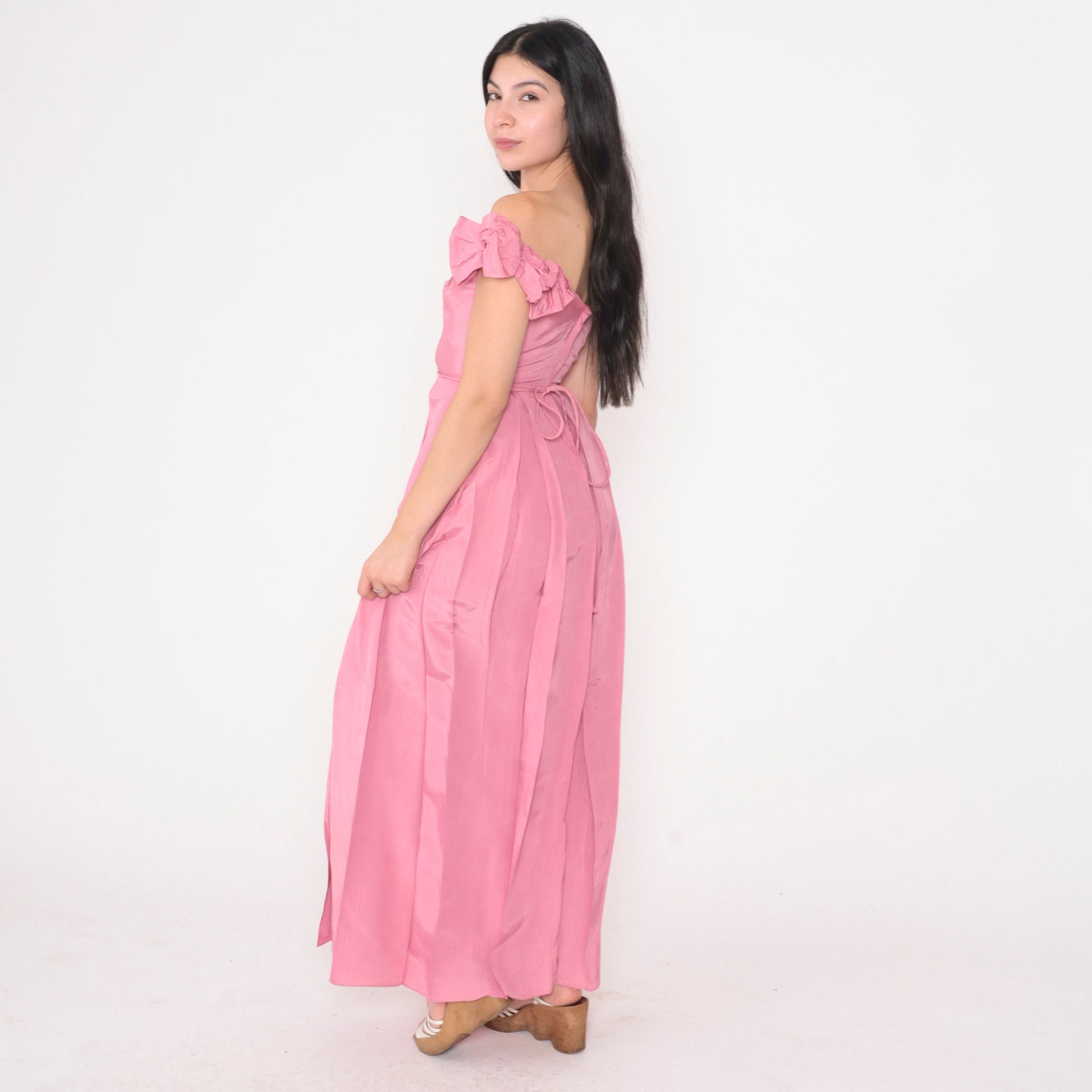 80s Pink Off-Shoulder Maxi Prom Dress Bow Sleeves Pleated Skirt Extra Small