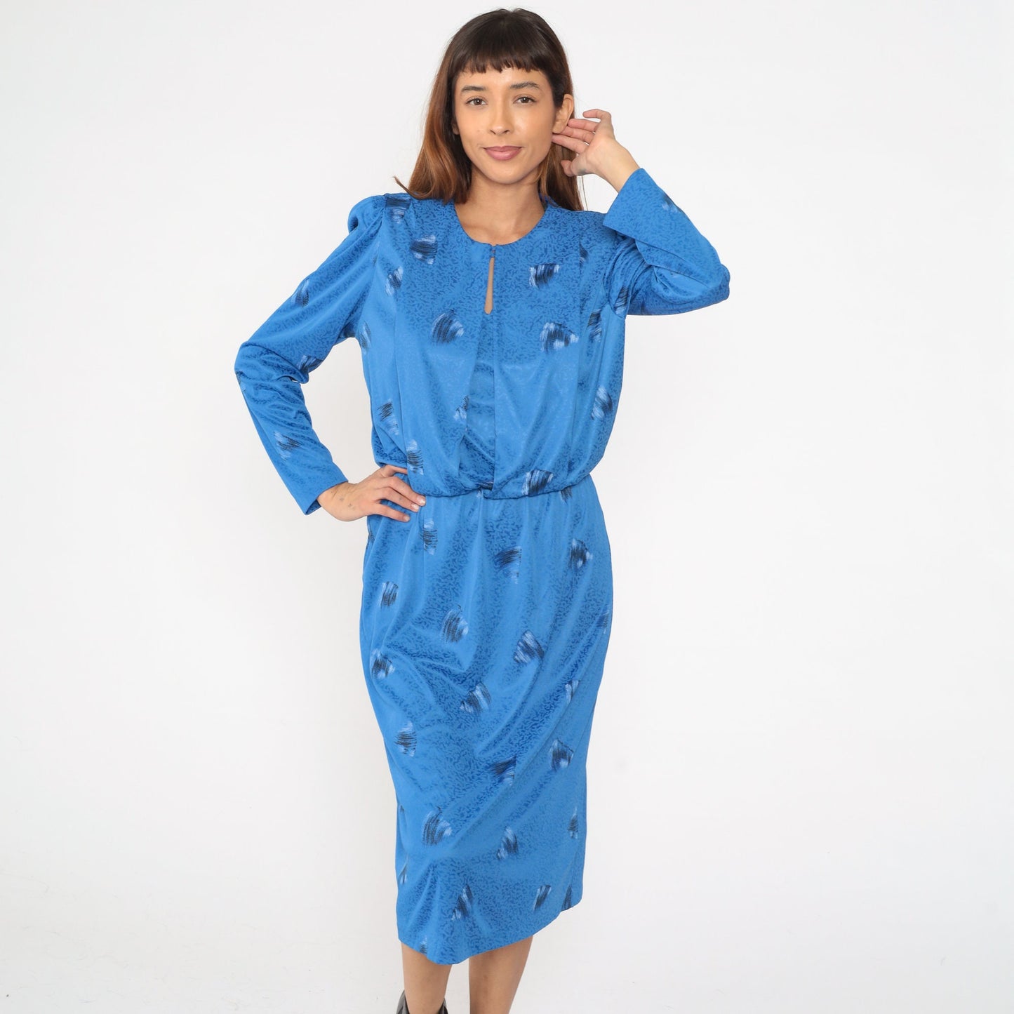 80s Blue Brushstroke Midi Dress Puff Sleeve High Waist Blouson Large