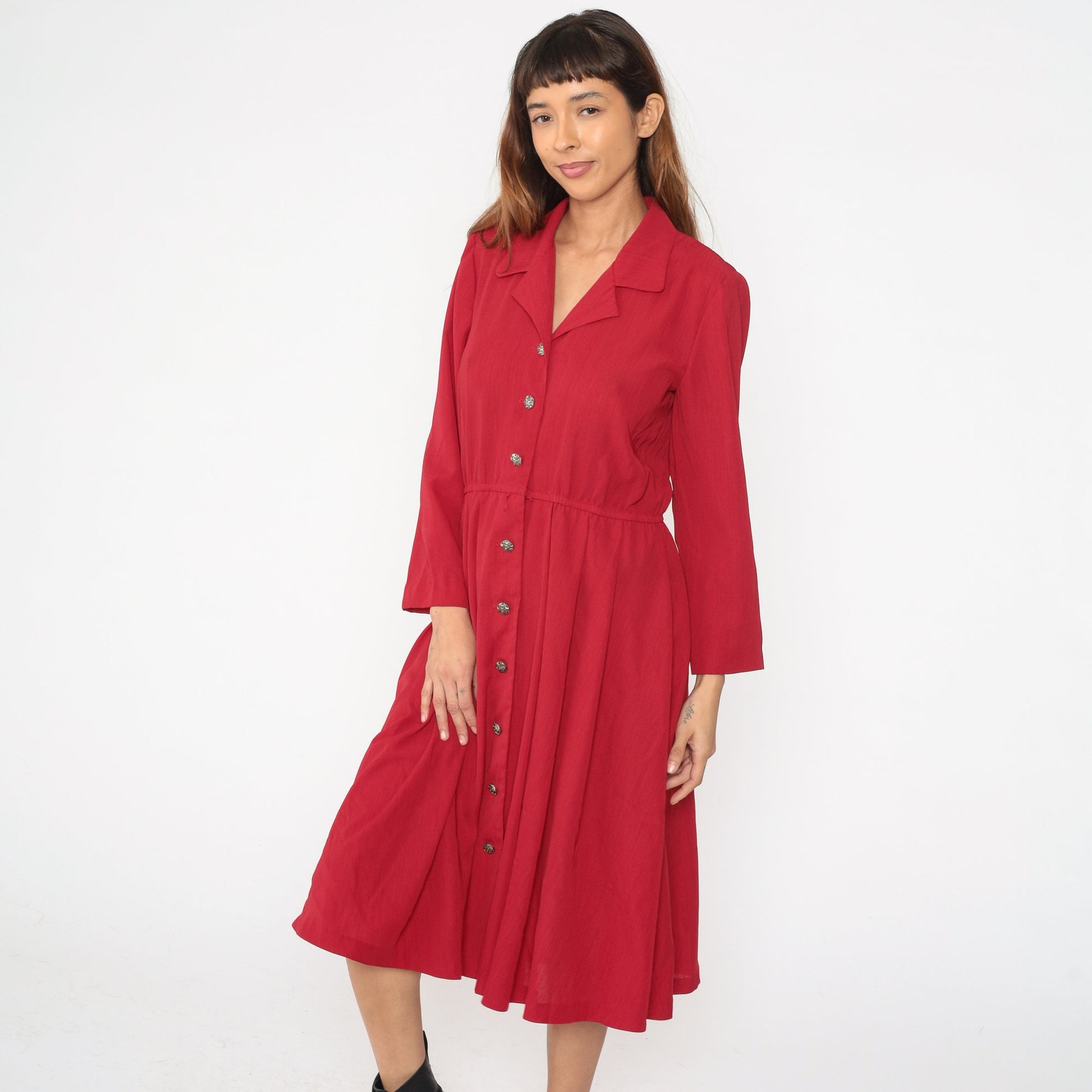 90s Leslie Fay Red Button-Up Midi Dress Elastic Waist Petite Medium