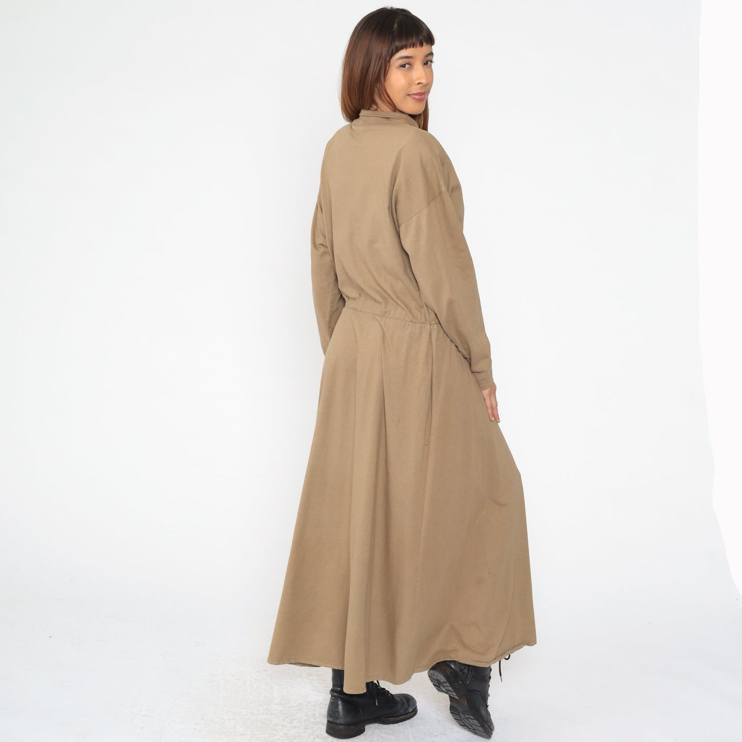 90s Brass Plum Khaki Cotton Maxi Dress Collared Long Sleeve Medium