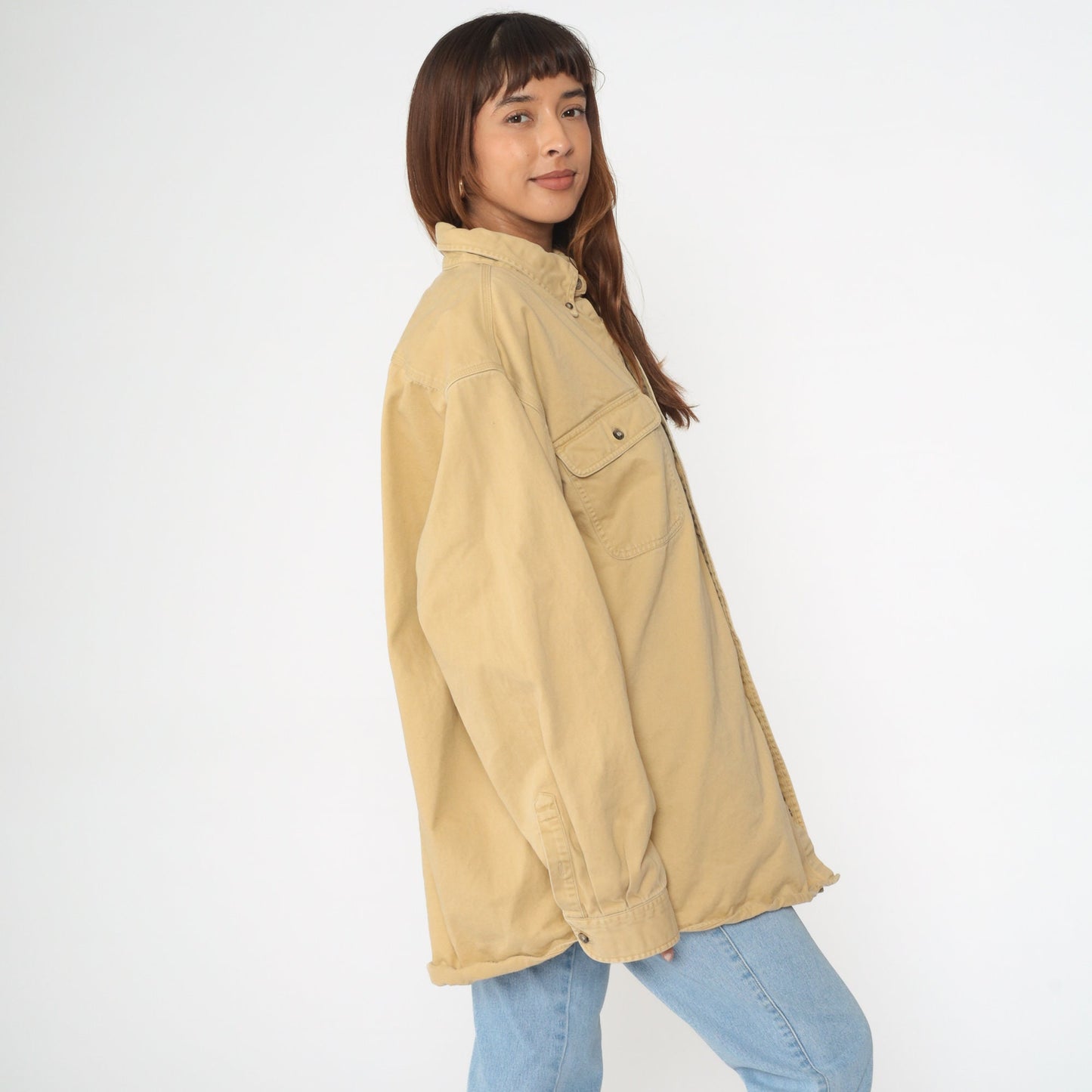 90s Carhartt Cotton Work Shirt Beige Button-Up Long Sleeve 2XL