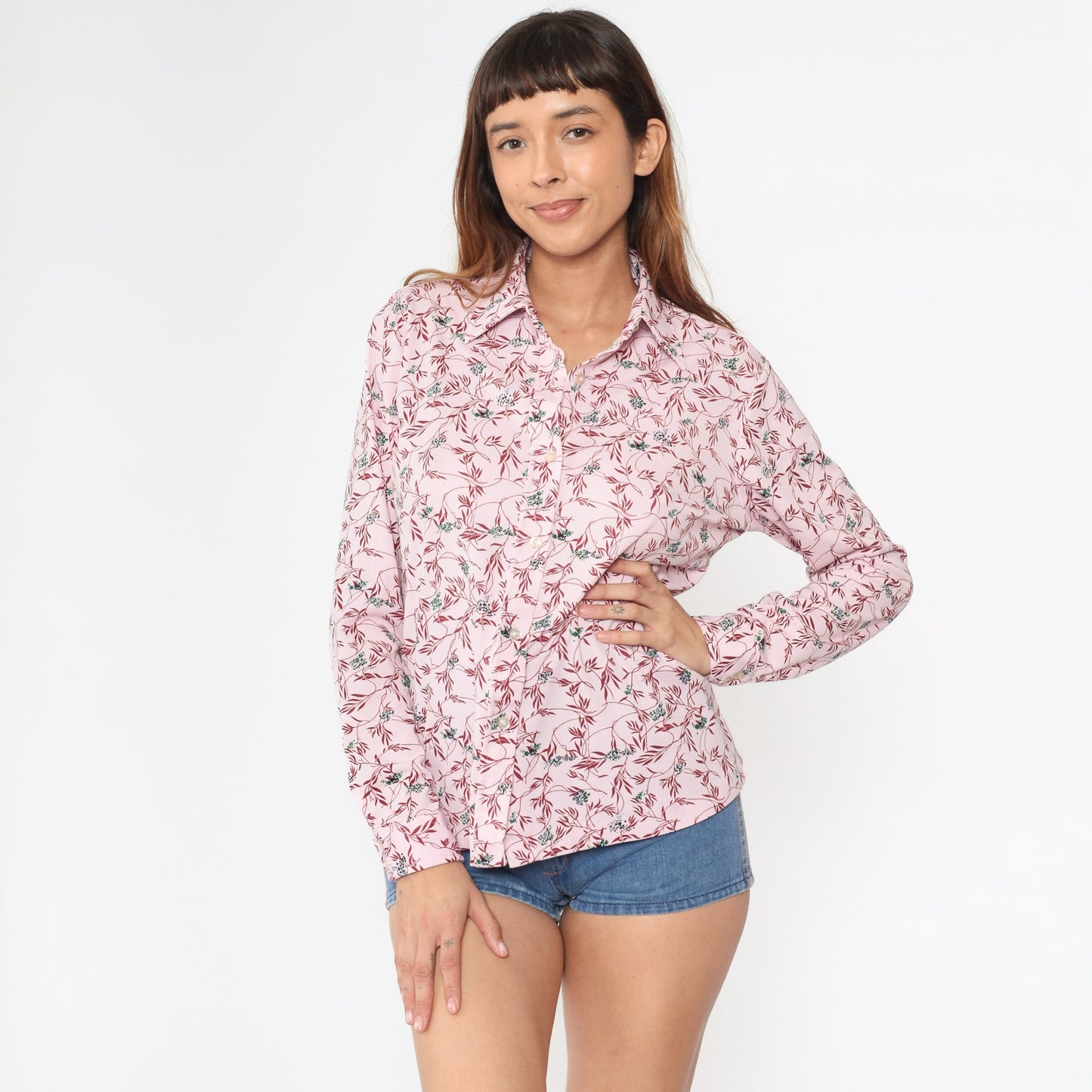 70s Disco Floral Vine Print Blouse Baby Pink Pointed Collar Long Sleeve Large
