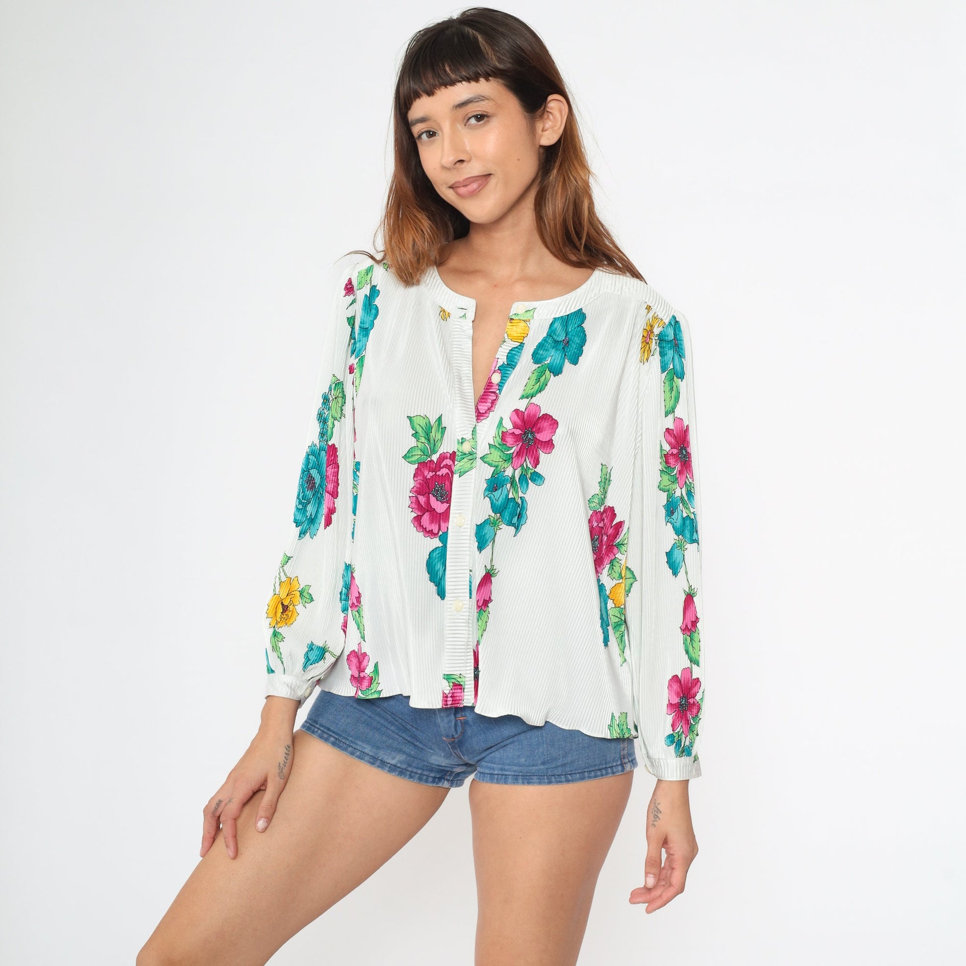 80s White Floral Button-Up Blouse Knife Pleated Puff Sleeve Large L