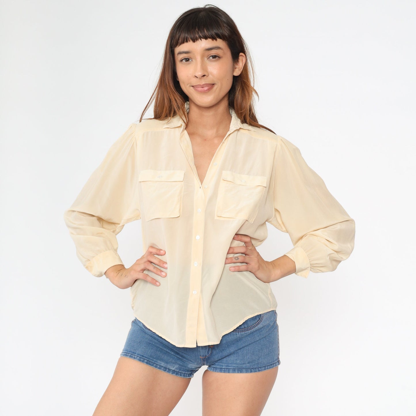 90s Liz Claiborne Cream Silk Button-Up Blouse Cargo Pockets Small