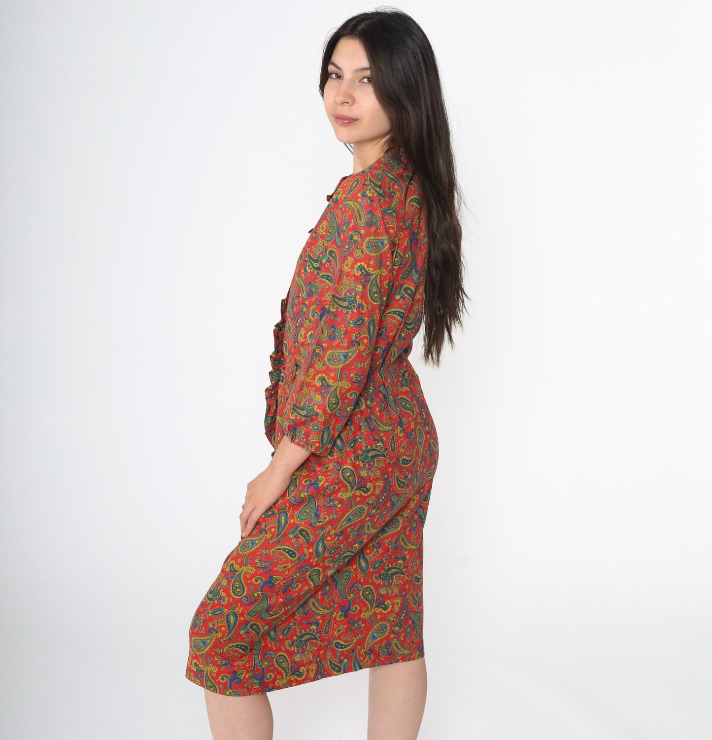 60s Paisley Button-Up Midi Dress Red Ruffle Front High Waist Small