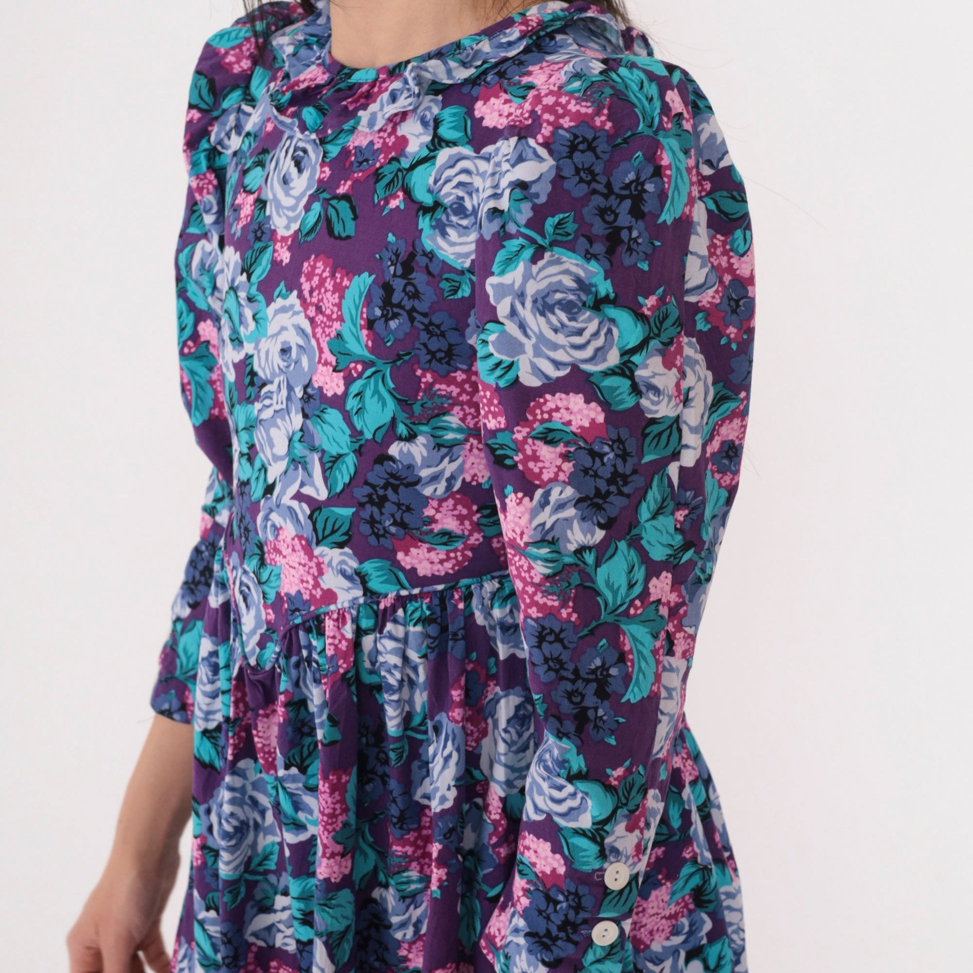 80s Purple Floral Midi Dress Puff Sleeve Basque Waist Ruffle Neckline XXS