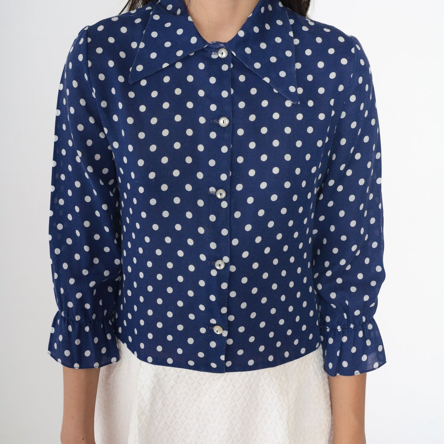 60s Mod Polka Dot Mini Dress Navy Blue Button-Up Dagger Collar Small S