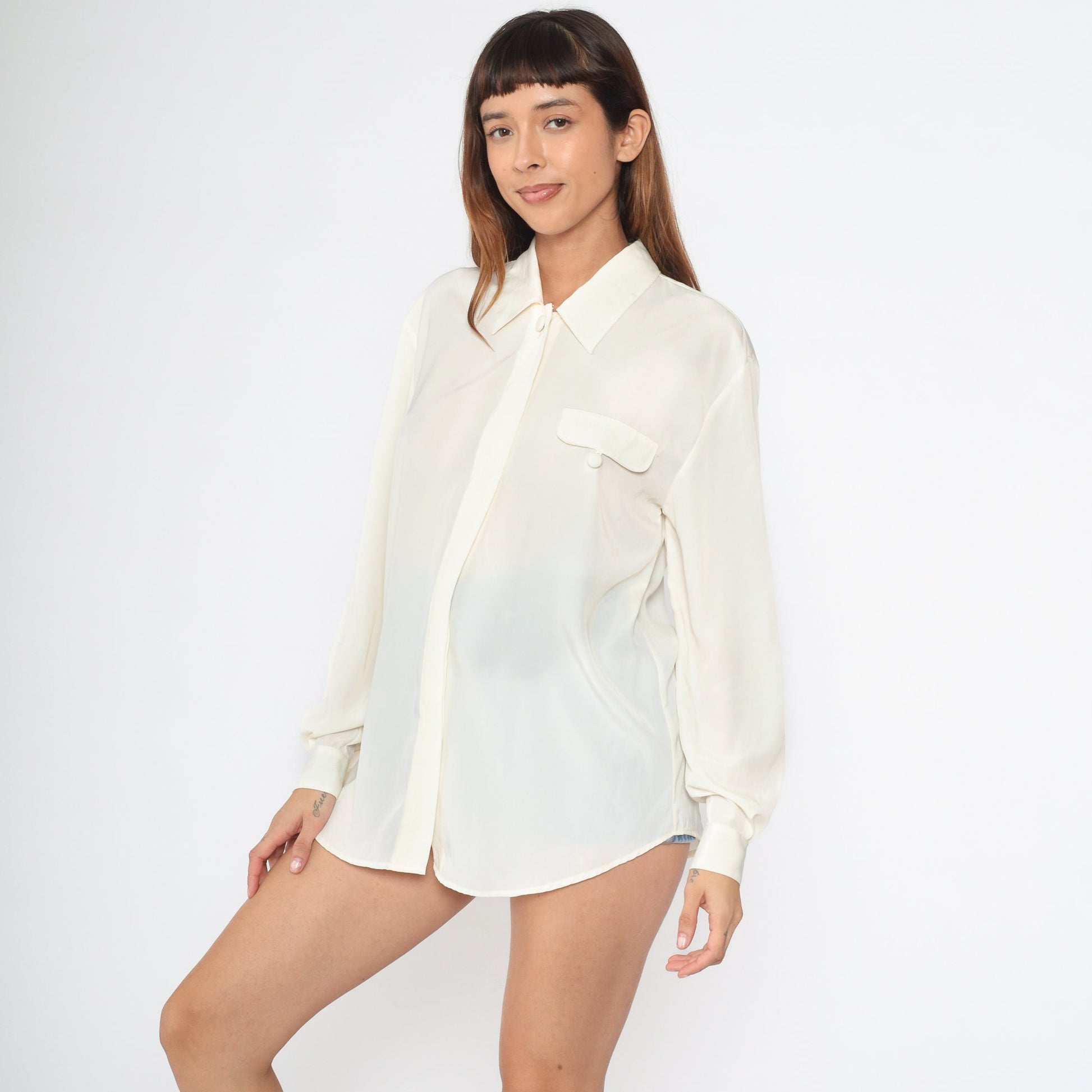 90s Cream Collared Blouse Hidden Button Long Sleeve Medium