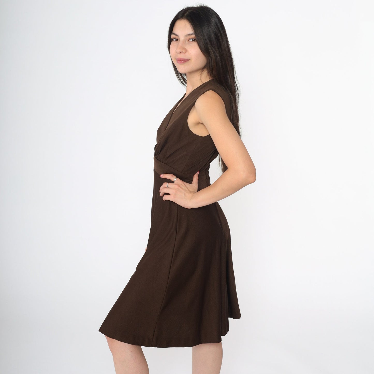 70s Miss Elliette Wrap Dress Brown Surplice Midi Sleeveless Small