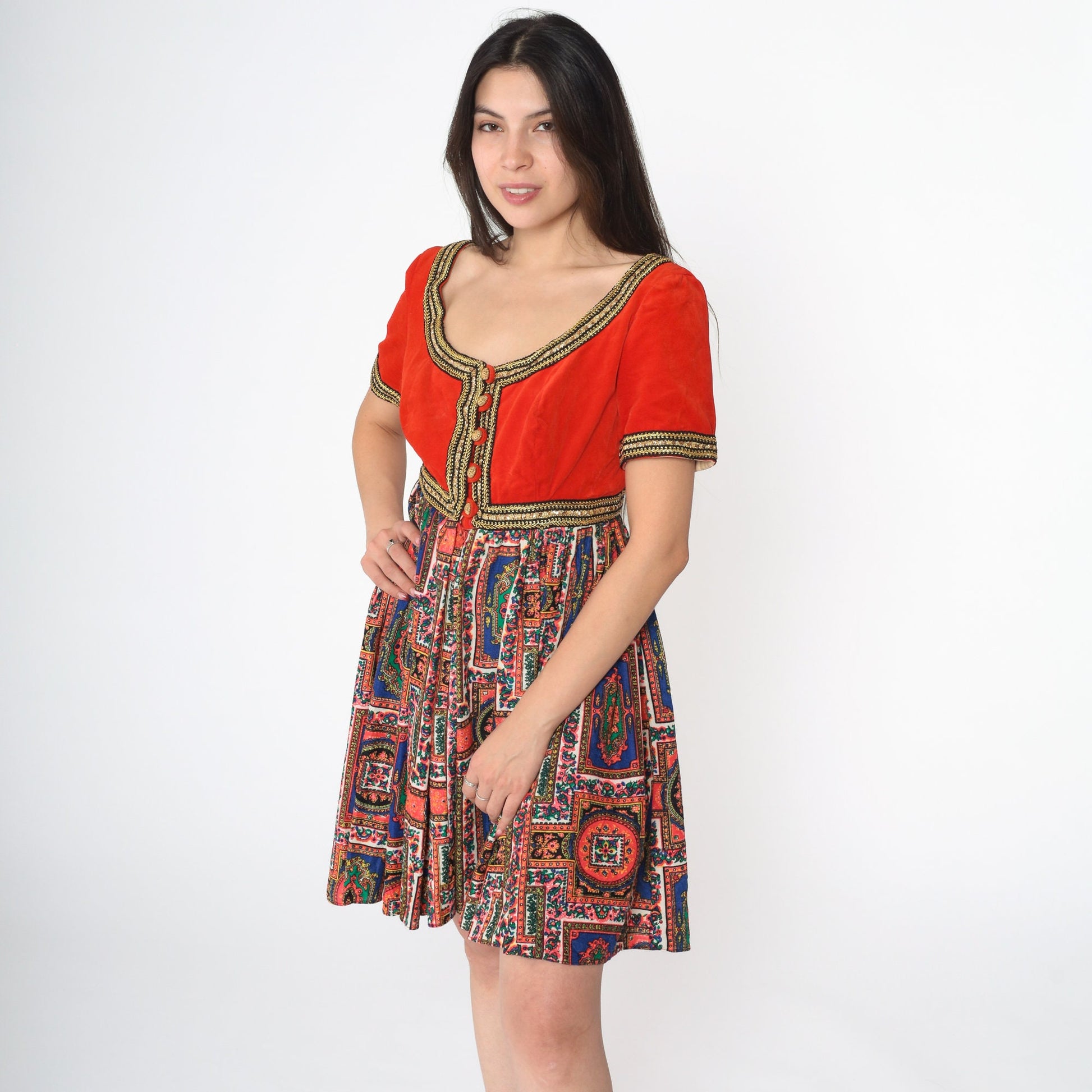 60s Velvet Mini Dress Orange Gold Trim Psychedelic Medallion Empire Waist Small