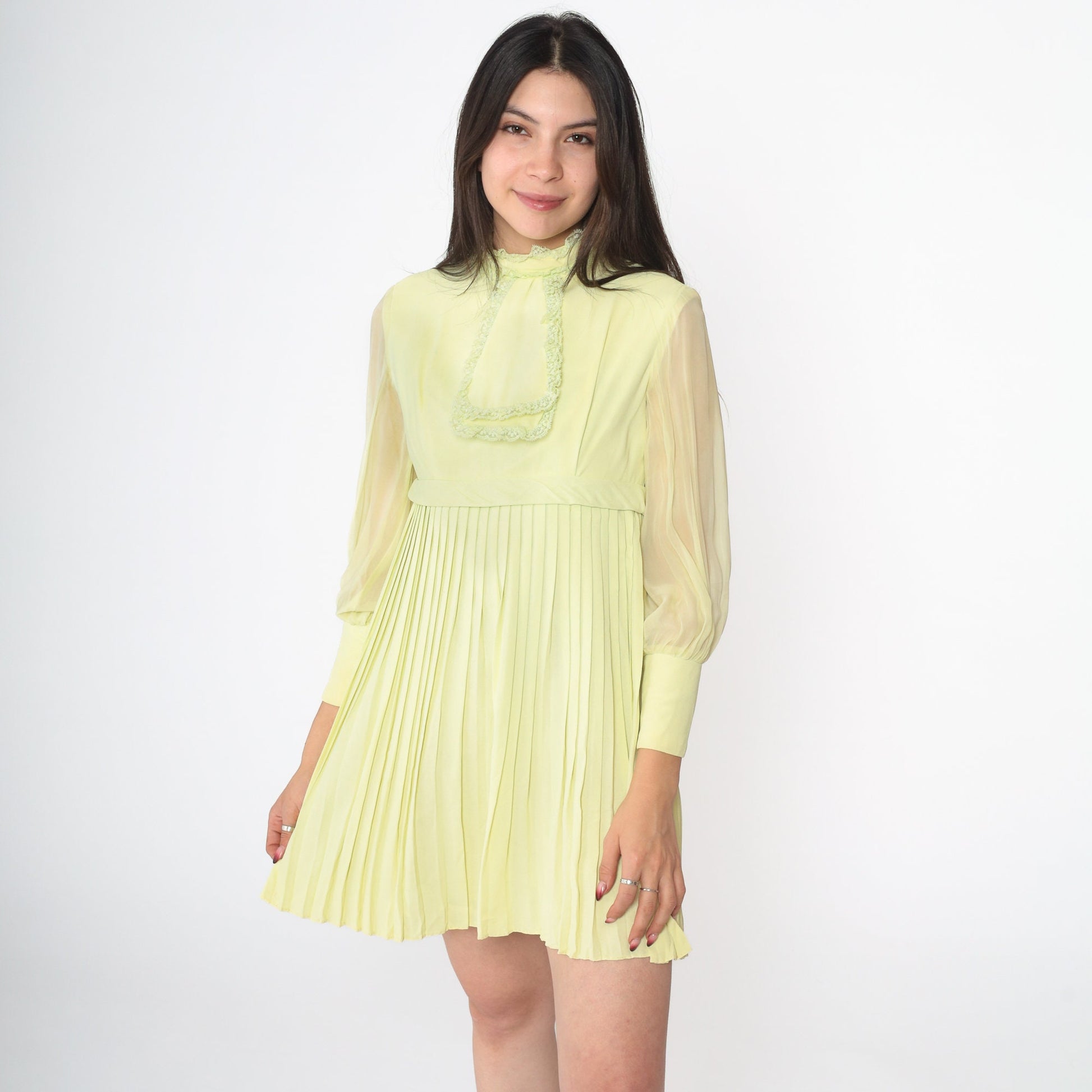 60s Lime Green Mini Dress Empire Waist Pleated Chiffon Sleeve Extra Small