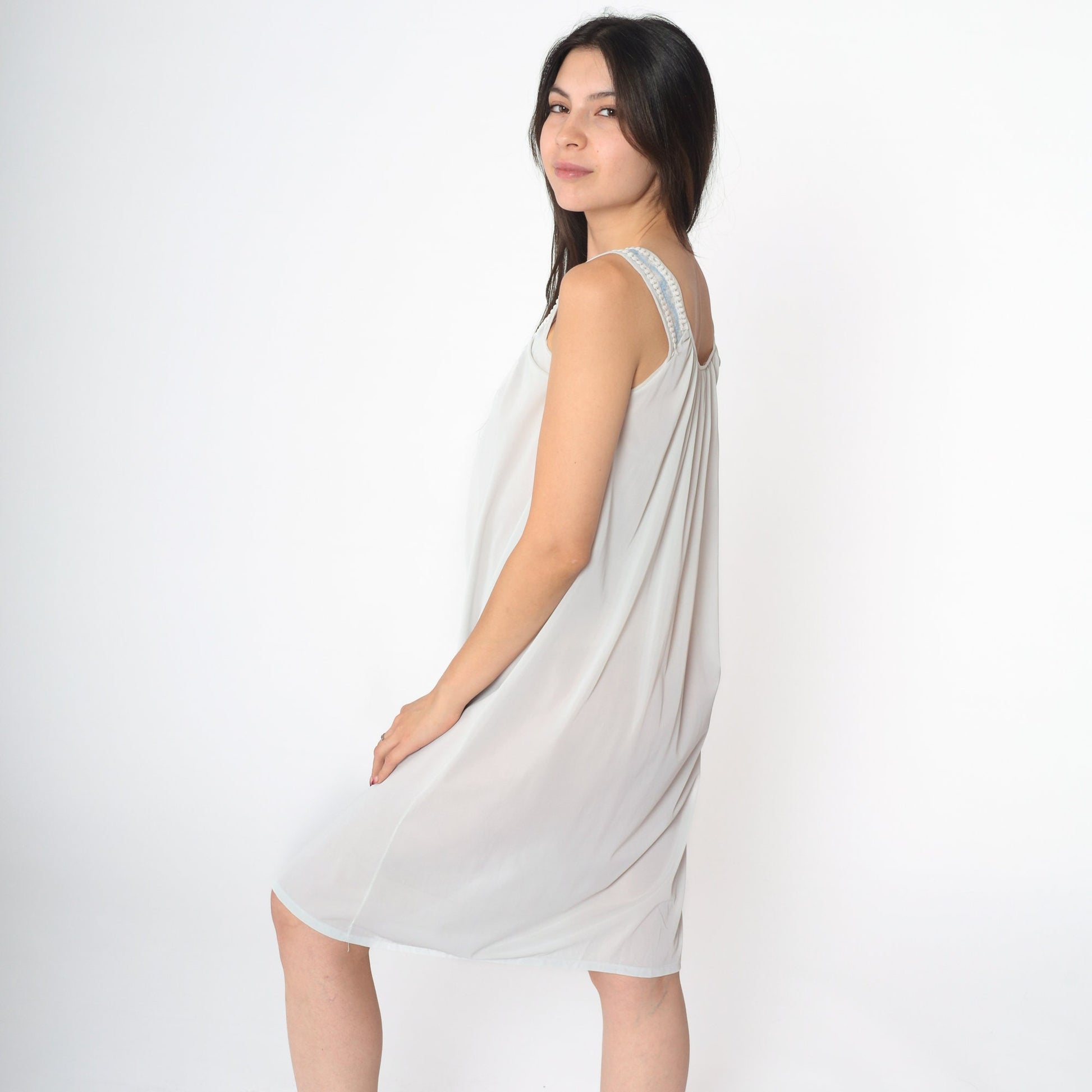 70s Baby Blue Nylon Nightgown Lace Embroidered Mini Slip Sleeveless Small