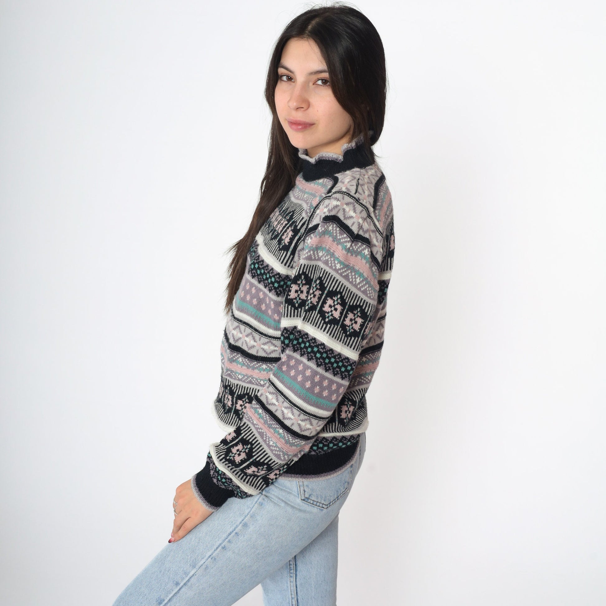 80s Black Geometric Puff Sleeve Sweater Funnel Neck Knit Small