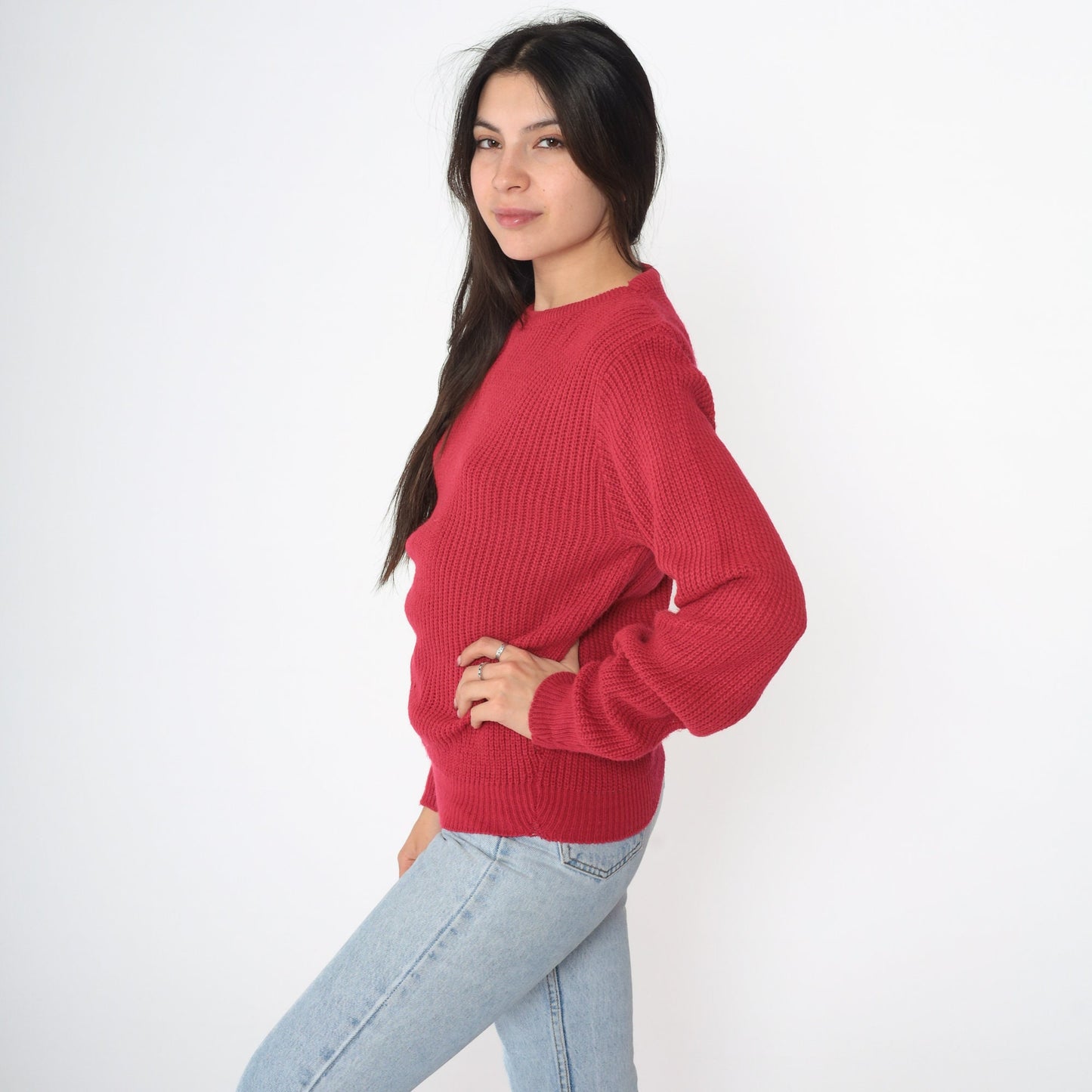 90s Red Ribbed Knit Crewneck Sweater Acrylic Pullover Extra Small XS