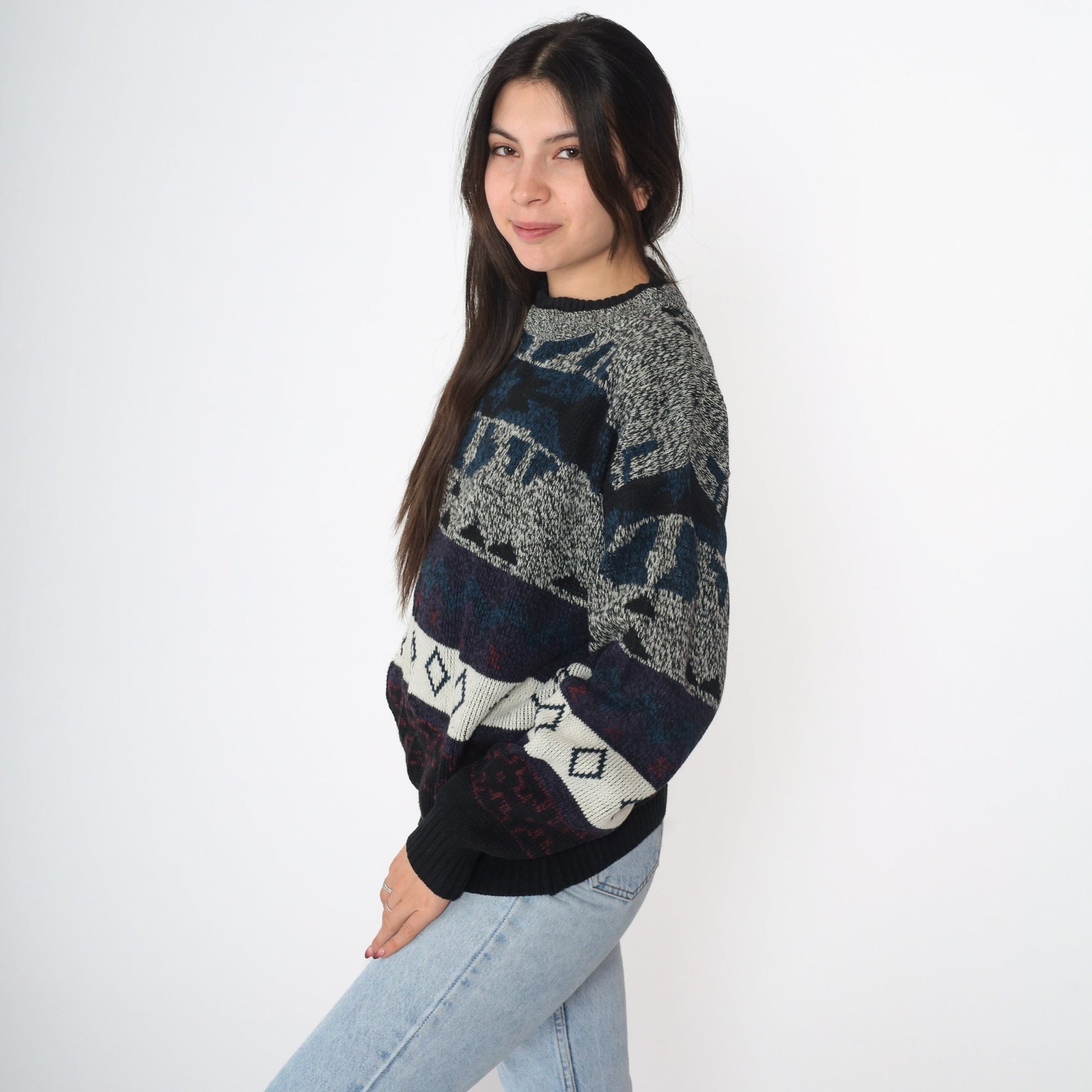 90s Geometric Jacquard Pullover Sweater Black Grey Blue Medium