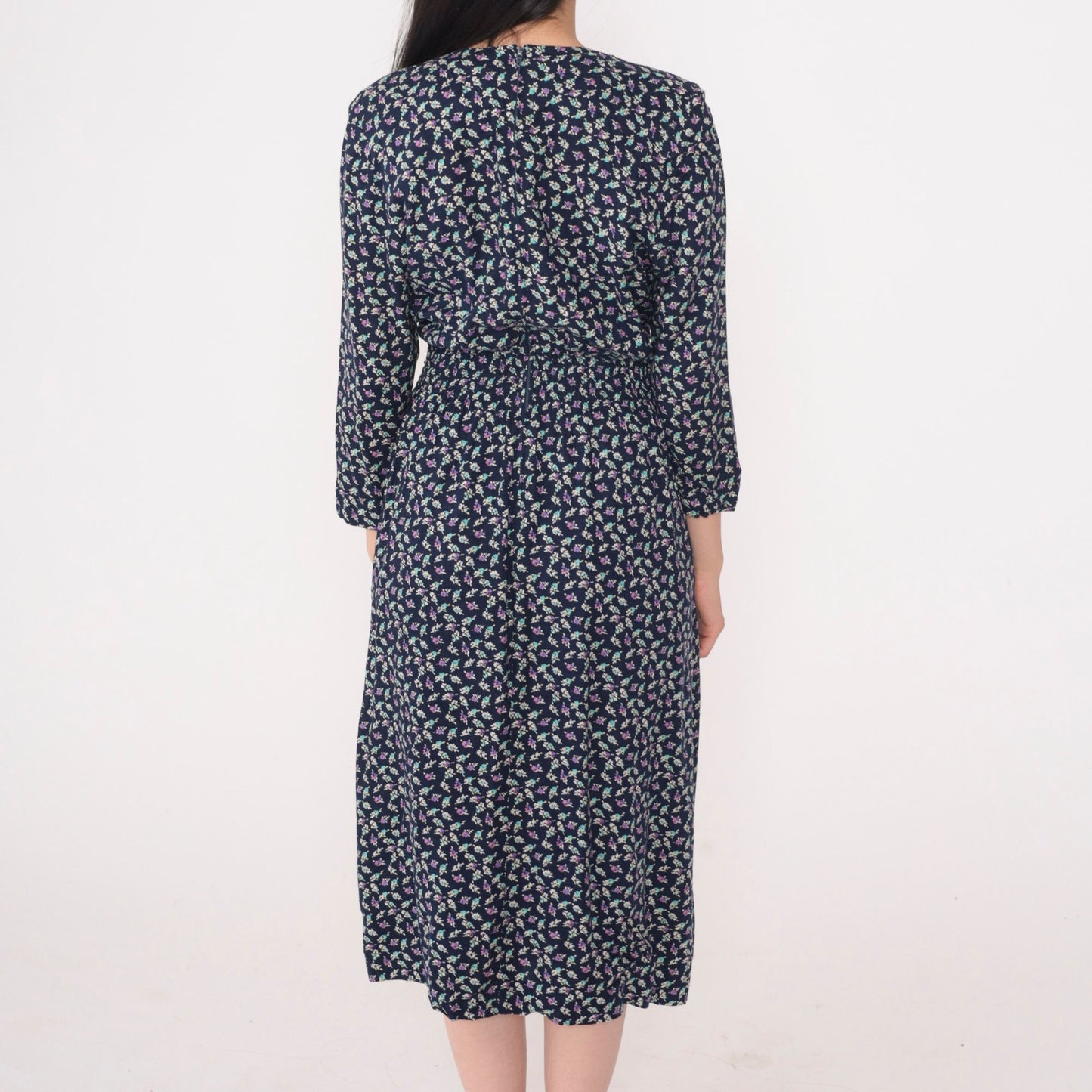 90s Navy Floral Midi Dress High Waisted 3/4 Sleeve Pleated Pockets Small