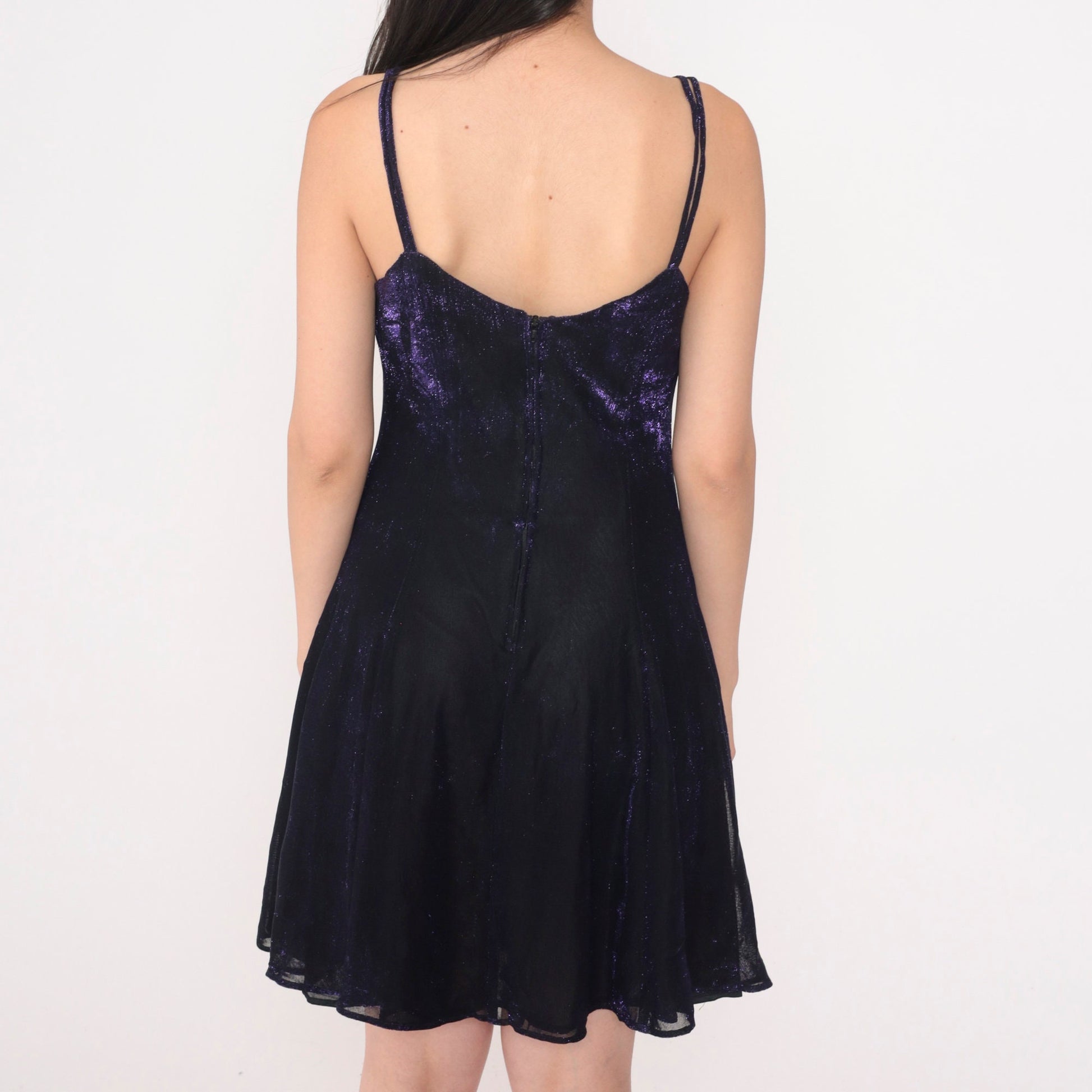 90s All That Jazz Metallic Purple Mini Dress Sleeveless Skater Large L