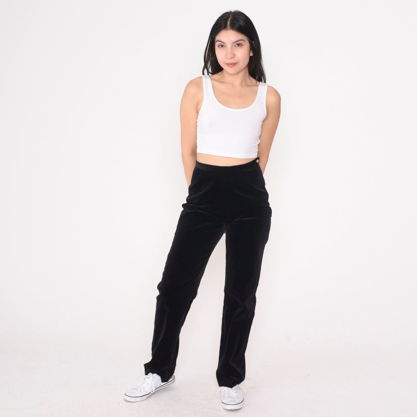 90s Black Velvet High-Waisted Trousers Straight Leg Small