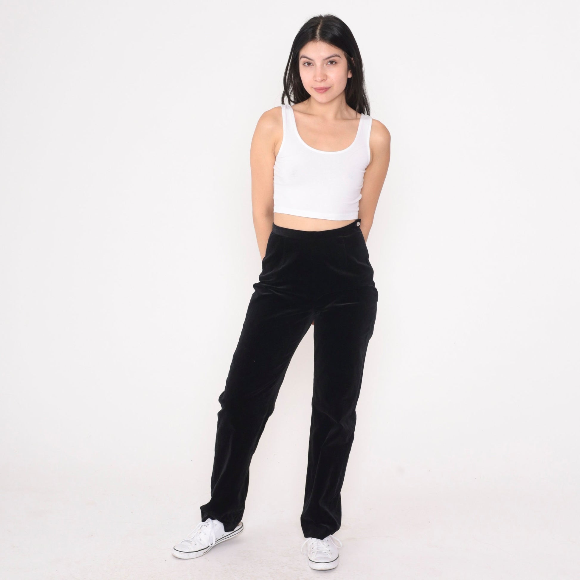 90s Black Velvet High-Waisted Trousers Straight Leg Small