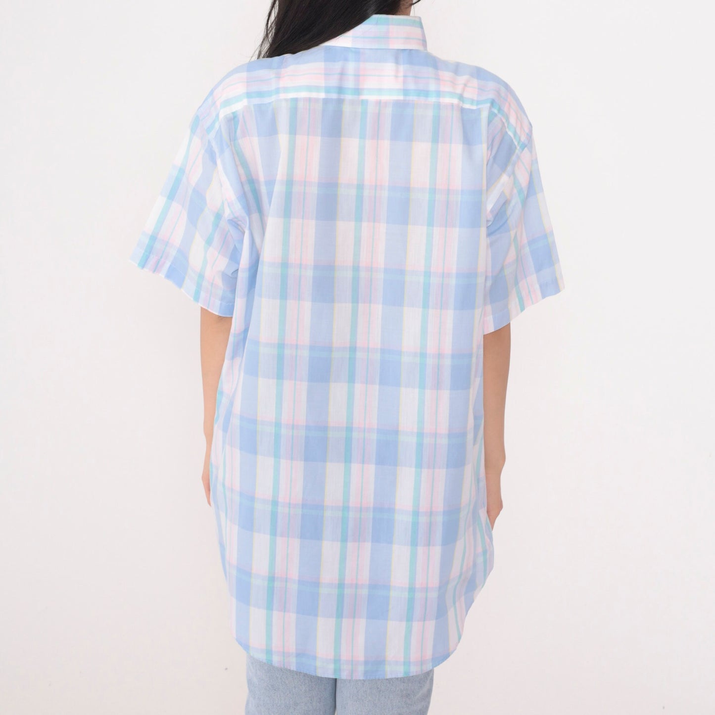 90s Plaid Button-Up Shirt Short Sleeve Collared Blouse Large L